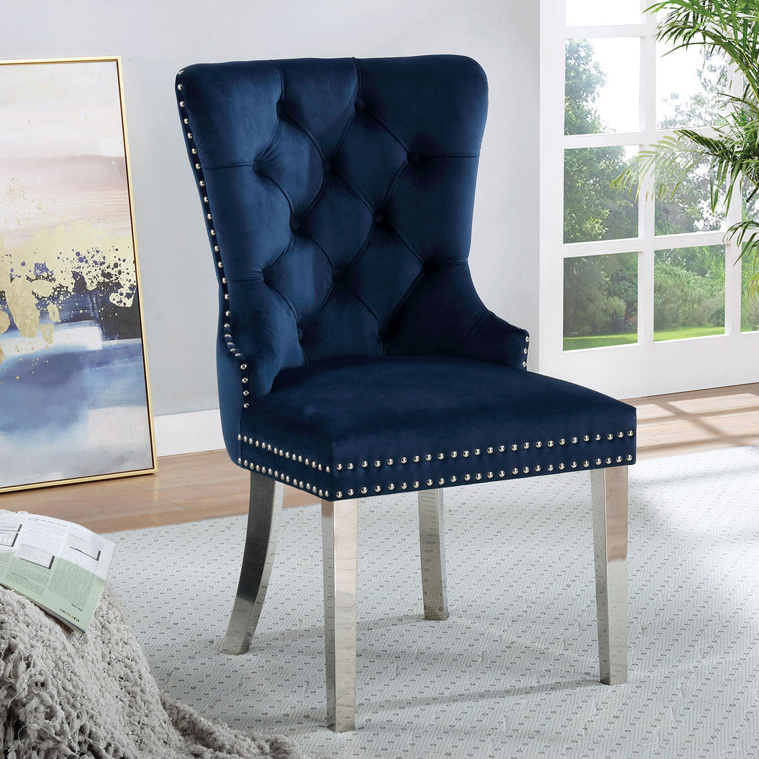 Set Of 2 Wingback Dining Chairs With Button Tufted Back In Blue And Chrome Solid Blue Fabric