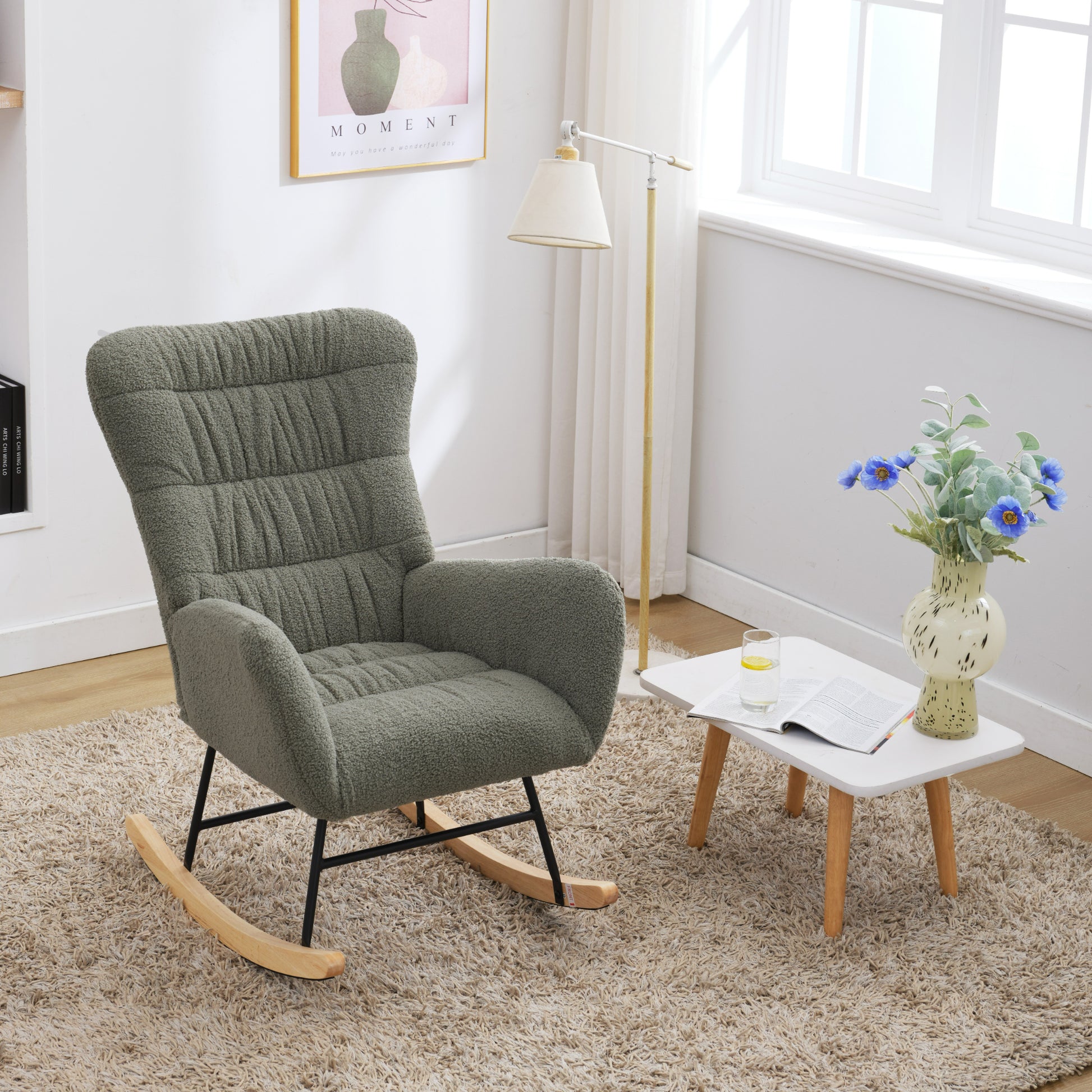 Nursery Rocking Chair, Teddy Upholstered Glider Rocker, Rocking Accent Chair With High Backrest, Comfy Rocking Accent Armchair For Living Room, Bedroom, Offices, Green Iron Green Primary Living Space Varnished Sponge Square Casual Rocking Chairs