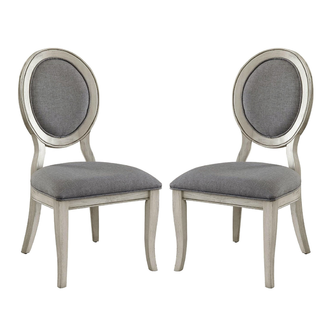 Set Of 2 Padded Gray Fabric Dining Chairs In Antique White Finish Solid Antique White Dining Room Dining Chairs Wood Fabric