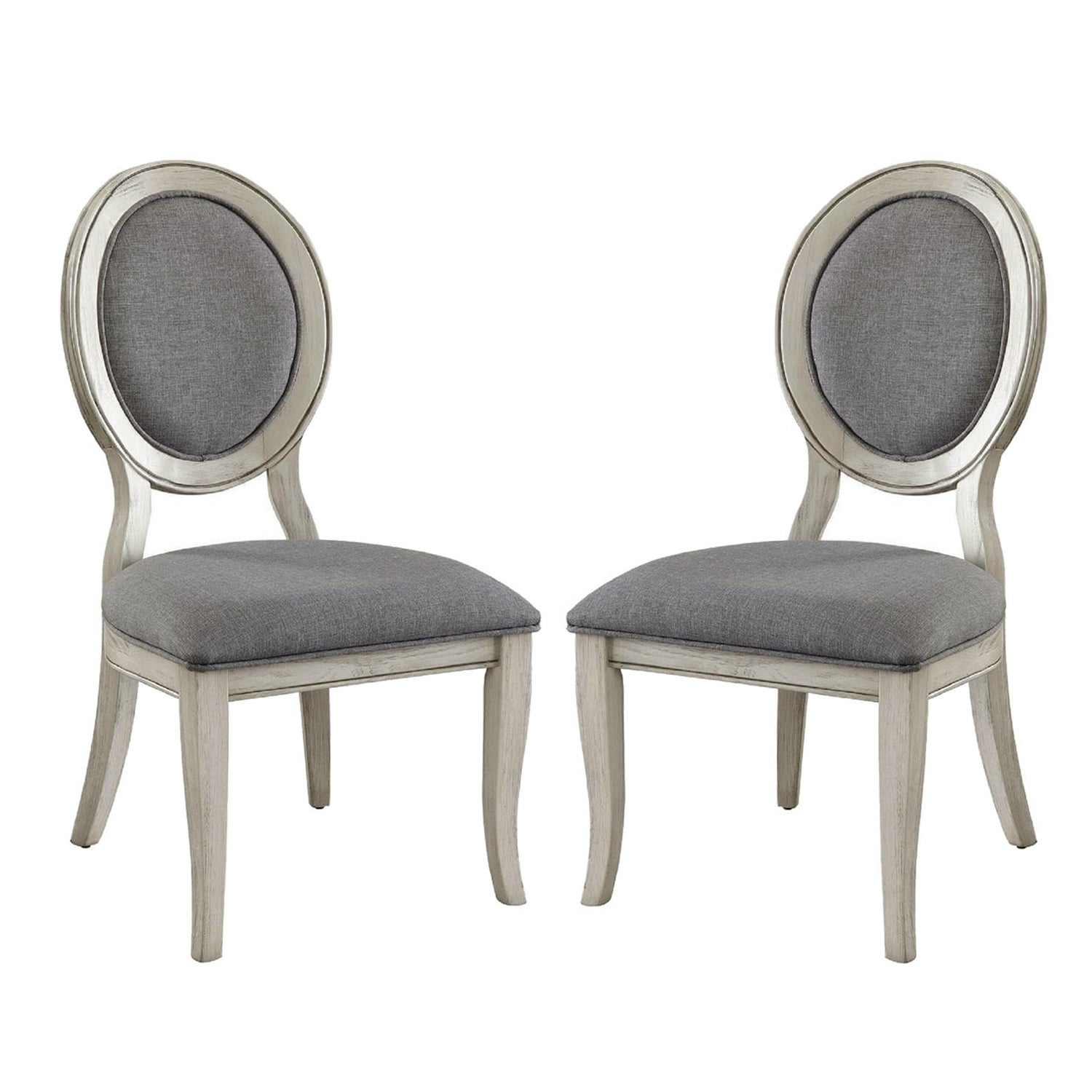 Set Of 2 Padded Gray Fabric Dining Chairs In Antique White Finish Solid Antique White Dining Room Dining Chairs Wood Fabric