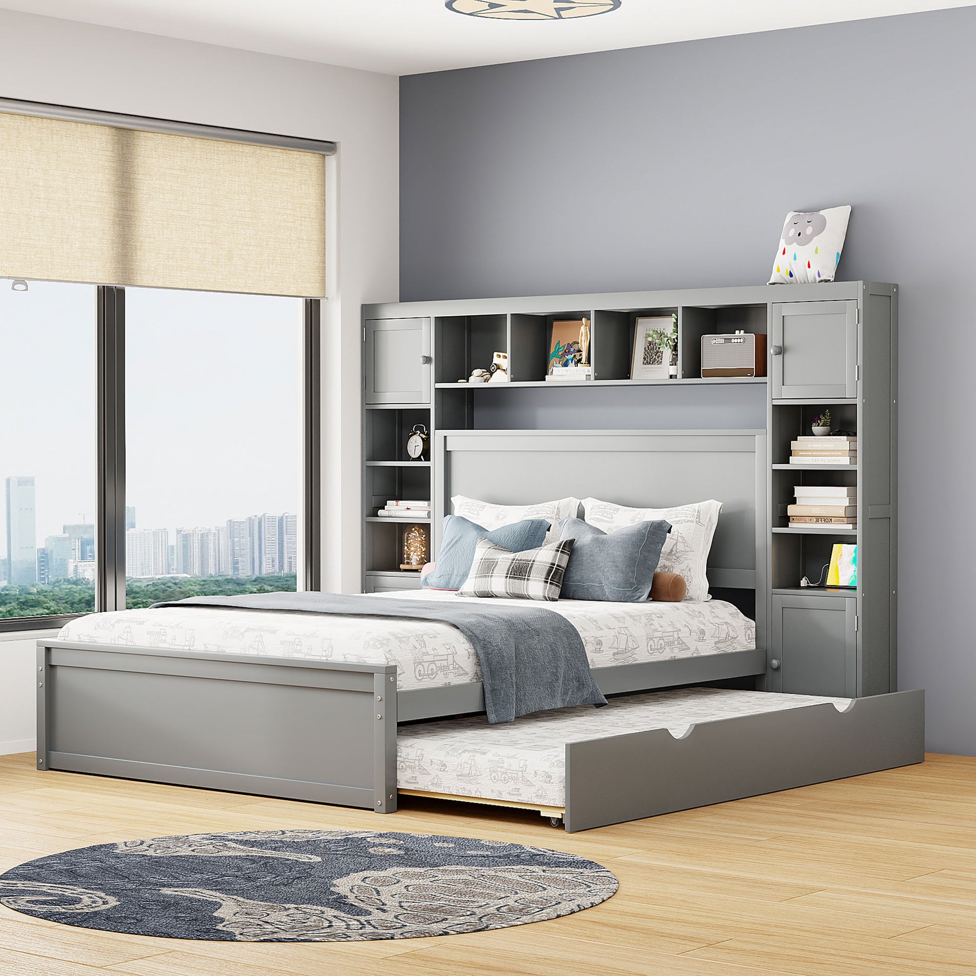 Queen Size Wooden Bed With All In One Cabinet, Shelf And Sockets,Twin Xl Trundle, Gray Queen Gray Solid Wood