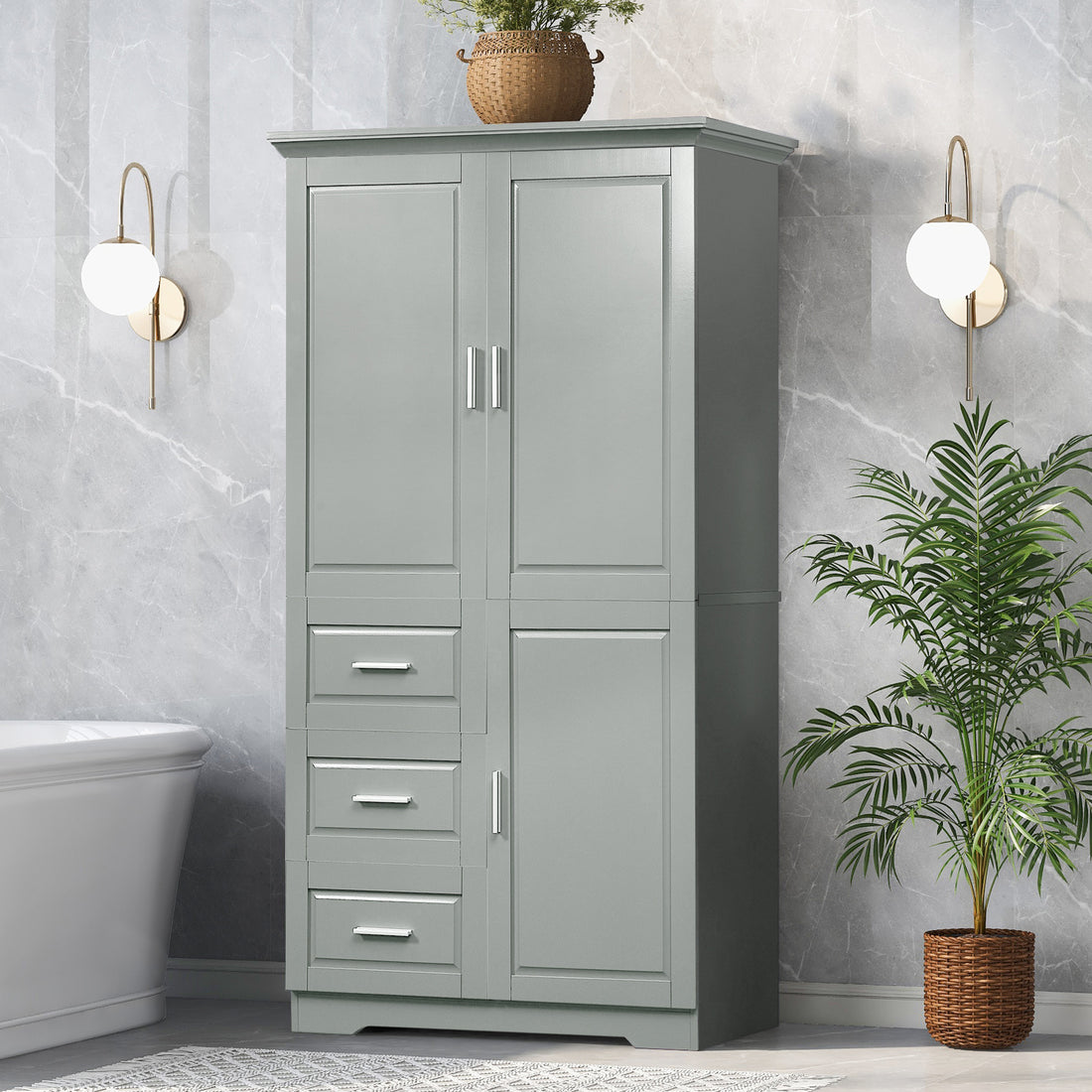 Tall And Wide Storage Cabinet With Doors For Bathroom Office, Three Drawers, Grey Grey Mdf