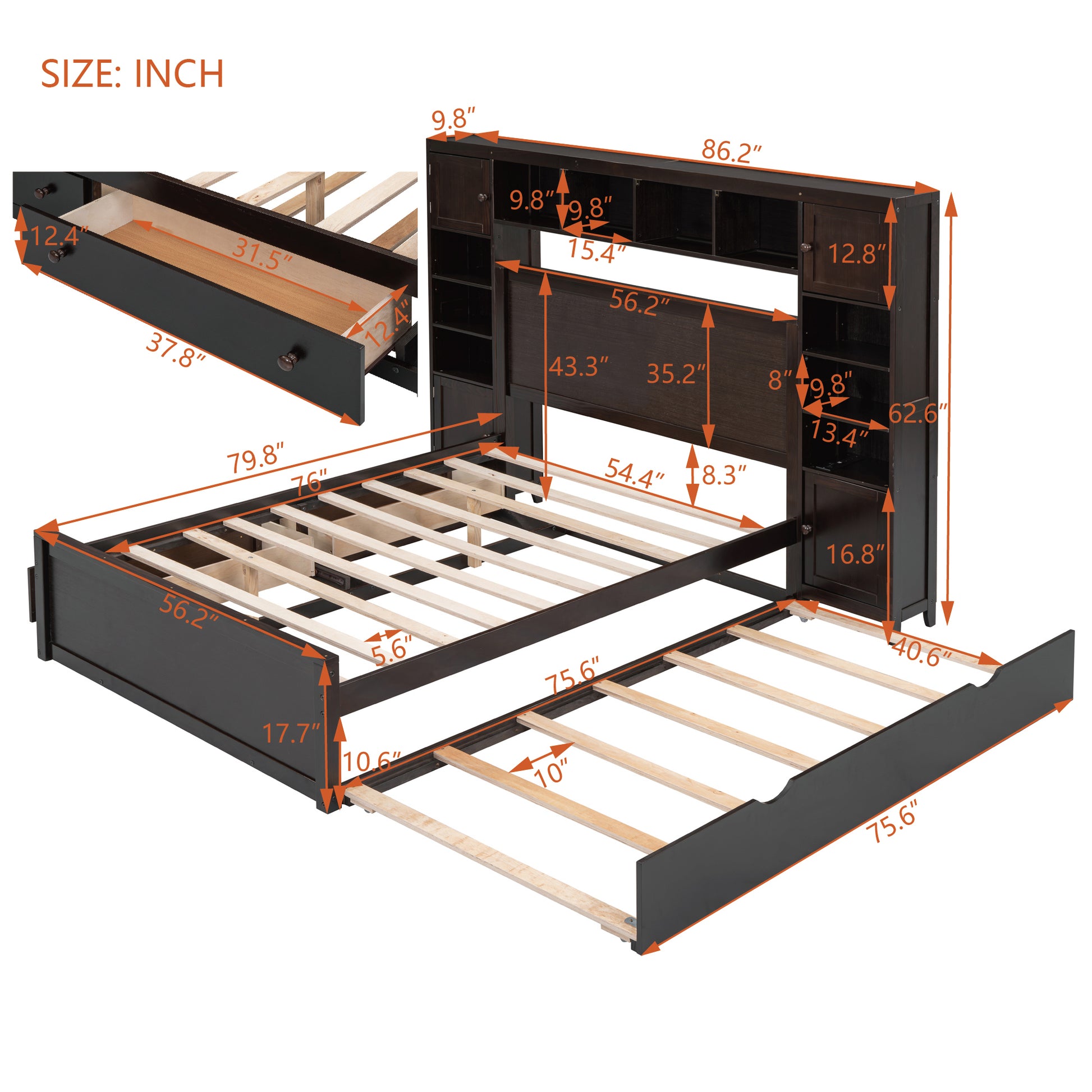 Full Size Wooden Bed With All In One Cabinet, Shelf And Sockets,Twin Size Trundle, Espresso Full Espresso Solid Wood