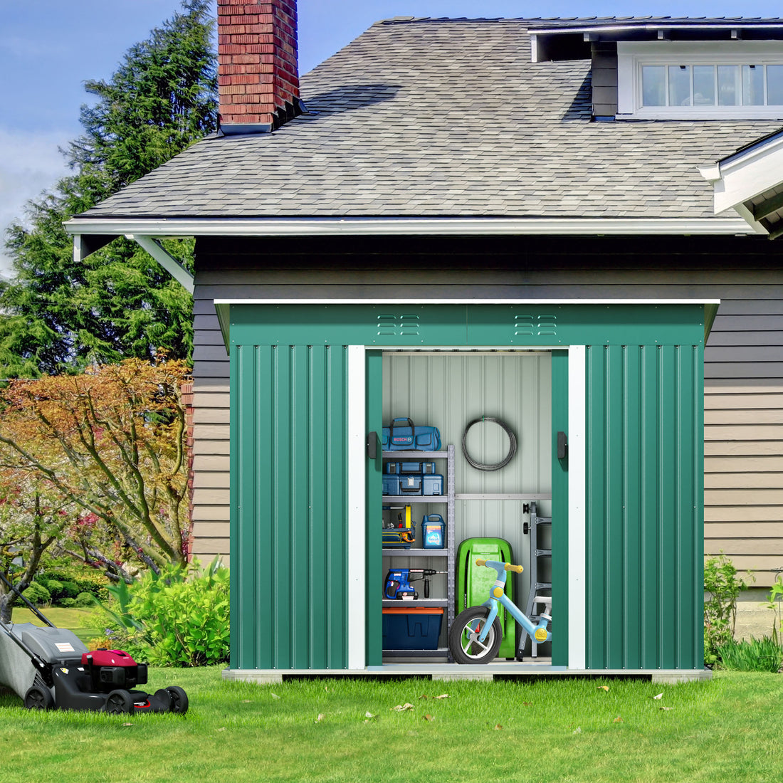 4.2 X 9.1 Ft Outdoor Storage Shed, Metal Tool Shed With Lockable Doors Vents, Utility Garden Shed For Patio Lawn Backyard, Green Green Metal