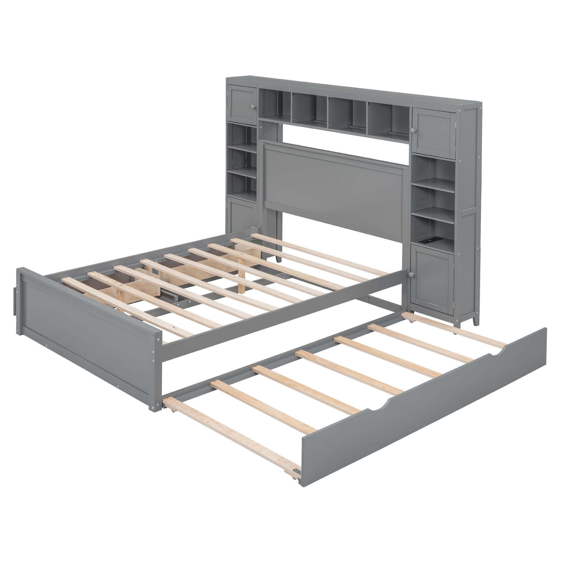 Full Size Wooden Bed With All In One Cabinet, Shelf And Sockets,Twin Size Trundle, Gray Full Gray Solid Wood