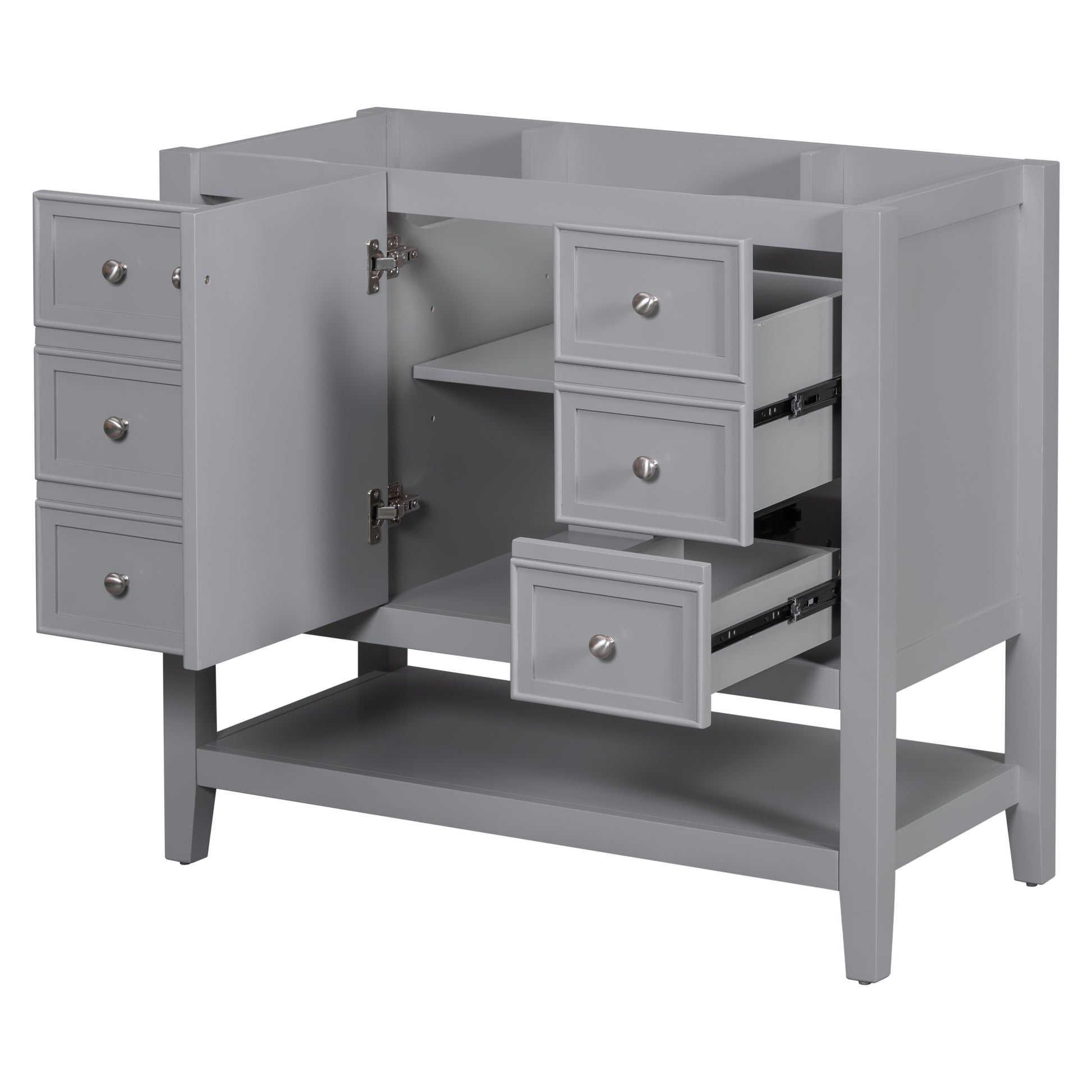 36" Bathroom Vanity Without Sink, Cabinet Base Only, One Cabinet And Three Drawers, Grey Grey Solid Wood Mdf