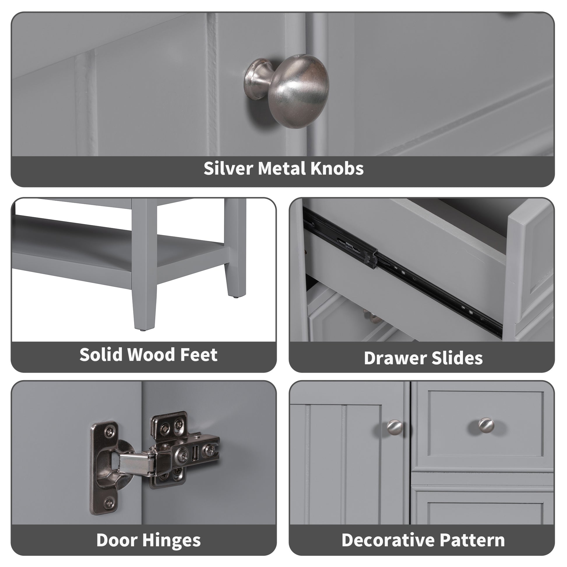 36" Bathroom Vanity With Sink Combo, One Cabinet And Three Drawers, Solid Wood And Mdf Board, Grey Grey Solid Wood Mdf