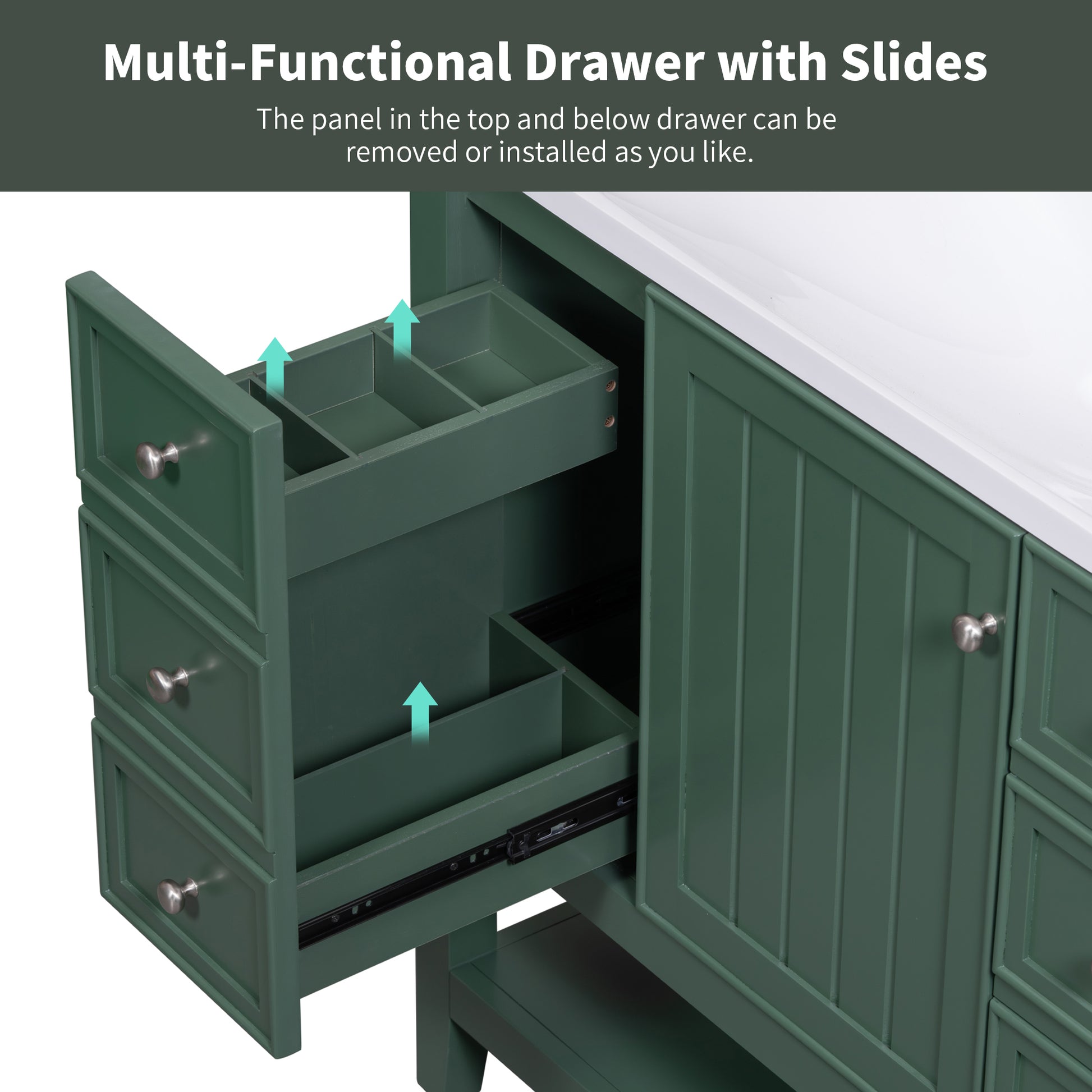 36" Bathroom Vanity Without Sink, Cabinet Base Only, One Cabinet And Three Drawers, Green Green Solid Wood Mdf