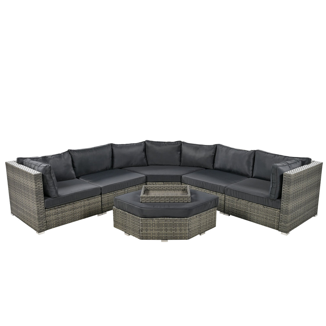 Patio Furniture Set, 6 Piece Outdoor Conversation Set All Weather Wicker Sectional Sofa With Ottoman And Cushions And Small Trays Grey Rattan