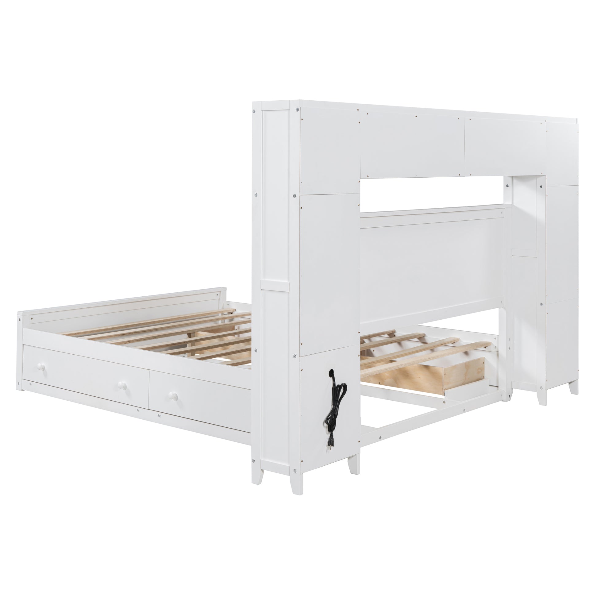 Queen Size Wooden Bed With All In One Cabinet, Shelf And Sockets, White White Solid Wood