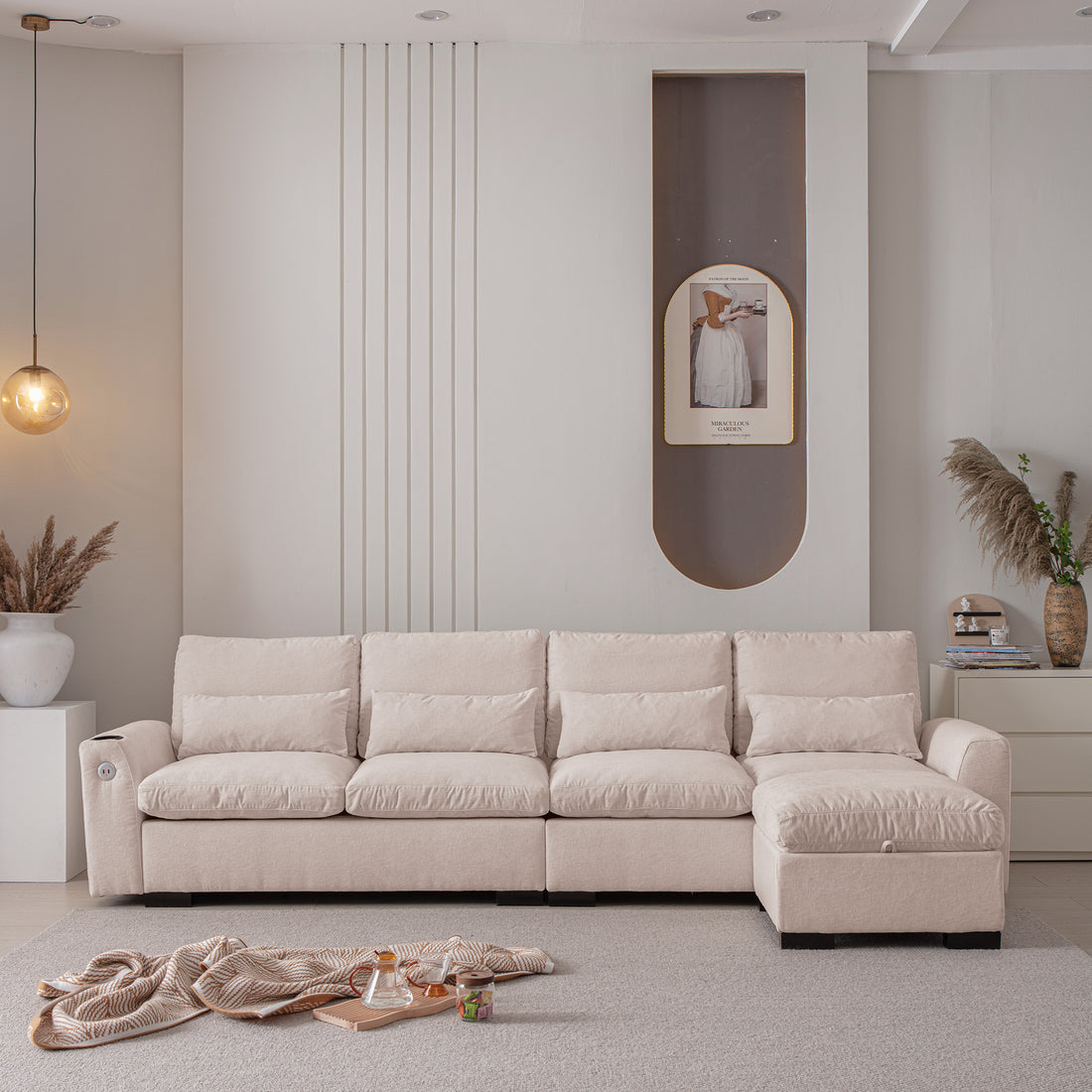 114.5"Modern Modular L Shaped Chenille Sofa Couch Reversible Ottoman With Storage Removable And Washable Cushions Sofa With Usb Ports & Cup Holder For Living Room Beige Modern Foam Chenille