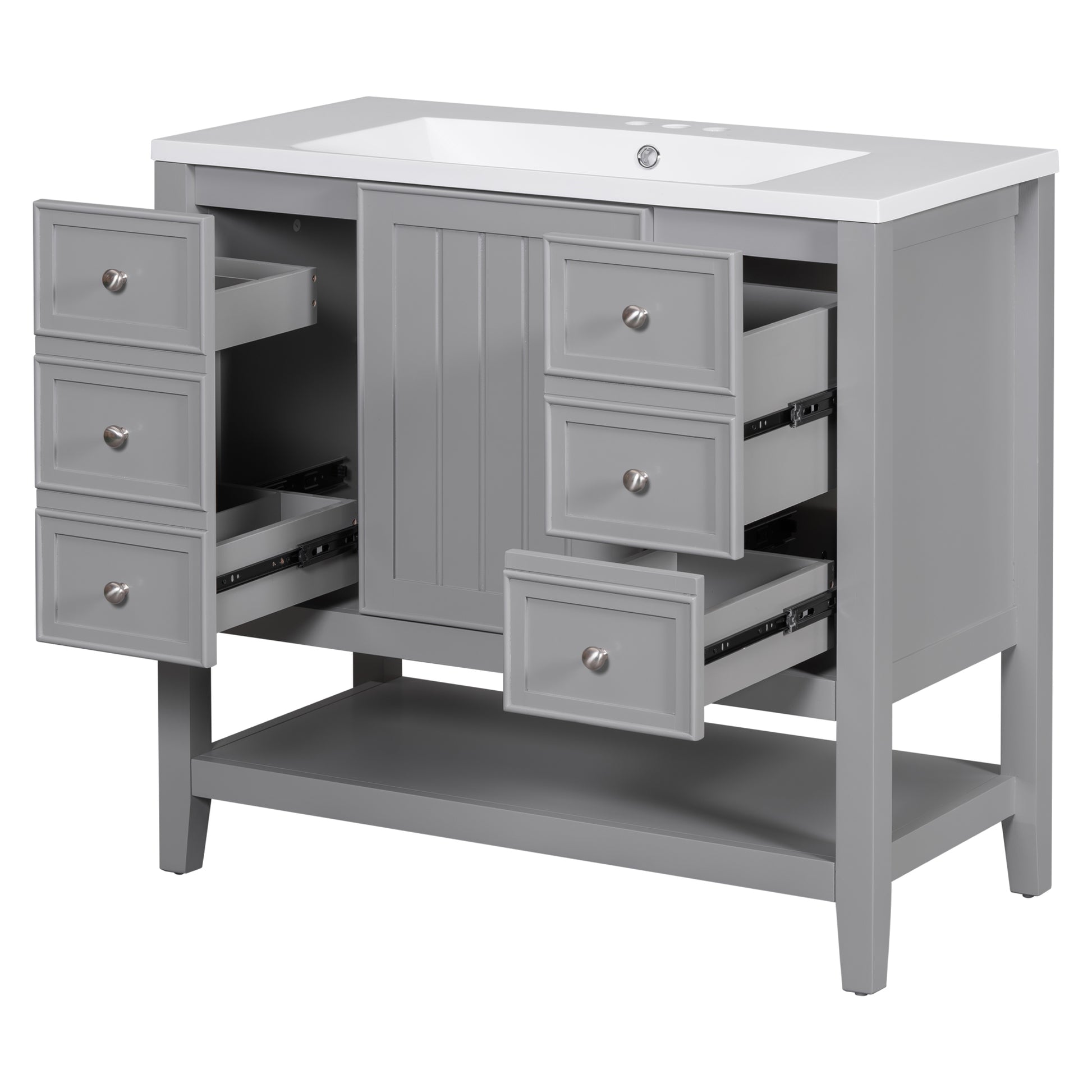 36" Bathroom Vanity With Sink Combo, One Cabinet And Three Drawers, Solid Wood And Mdf Board, Grey Grey Solid Wood Mdf