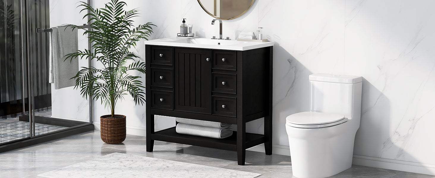 36" Bathroom Vanity With Sink Combo, One Cabinet And Three Drawers, Solid Wood And Mdf Board, Black Old Sku:Sy999505Aab Black Solid Wood Mdf