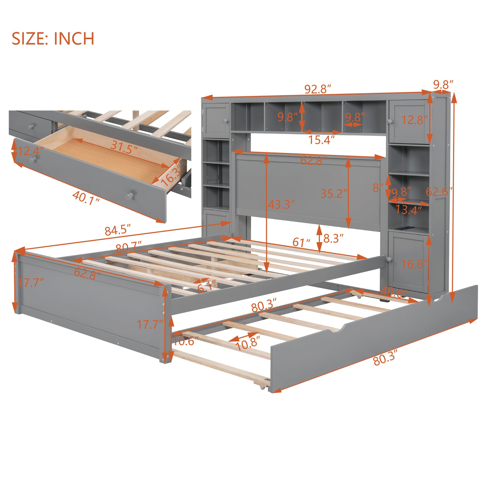 Queen Size Wooden Bed With All In One Cabinet, Shelf And Sockets,Twin Xl Trundle, Gray Queen Gray Solid Wood