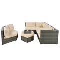 Patio Furniture Set, 6 Piece Outdoor Conversation Set All Weather Wicker Sectional Sofa With Ottoman And Cushions And Small Trays Beige Rattan