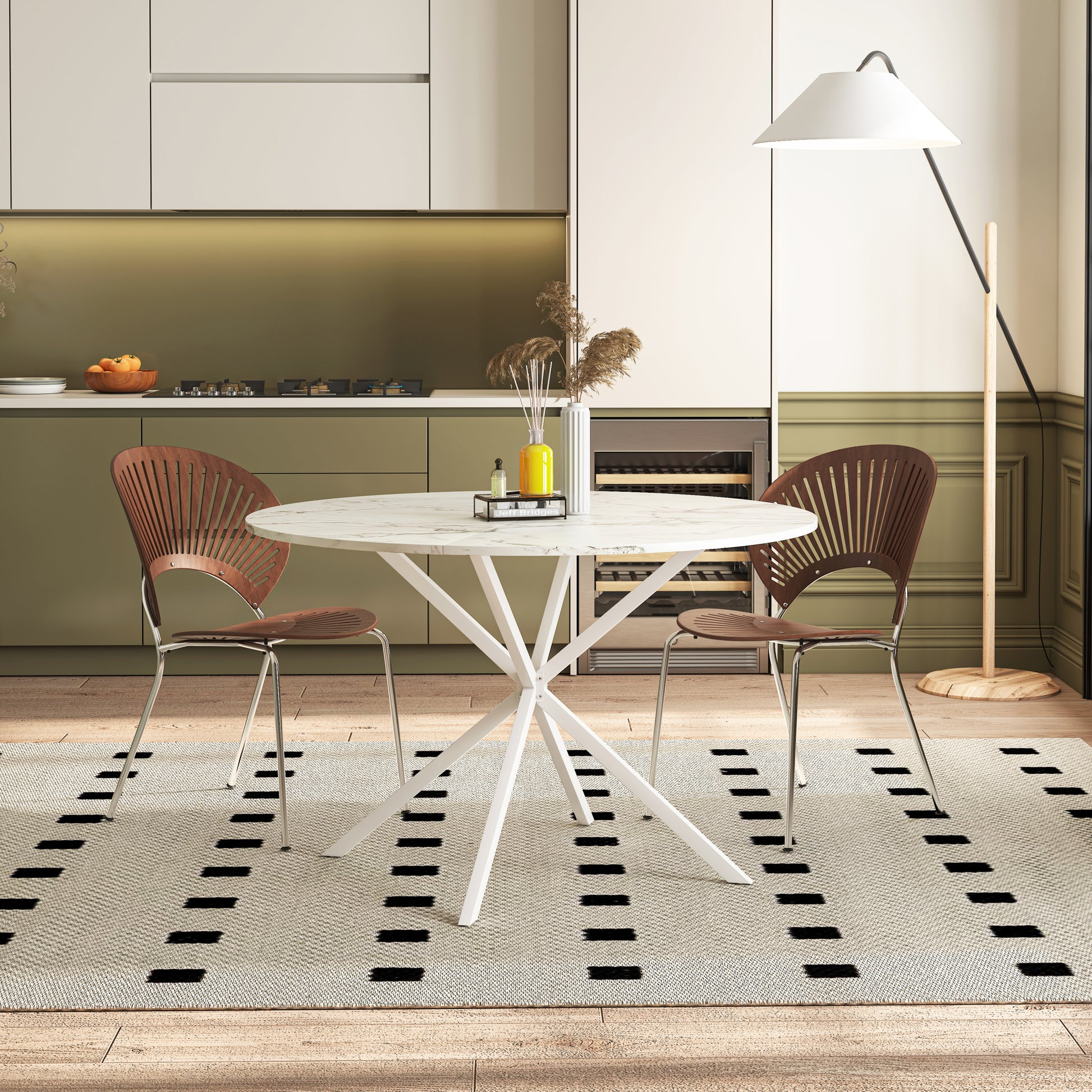 47.24'' Modern Cross Leg Round Dining Table, White Marble Top Occasional Table, Two Piece Removable Top, Matte Finish Iron Legs White Mdf Metal