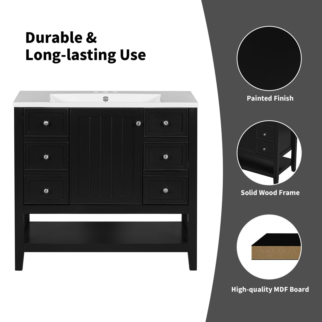 36" Bathroom Vanity Without Sink, Cabinet Base Only, One Cabinet And Three Drawers, Black Black Solid Wood Mdf