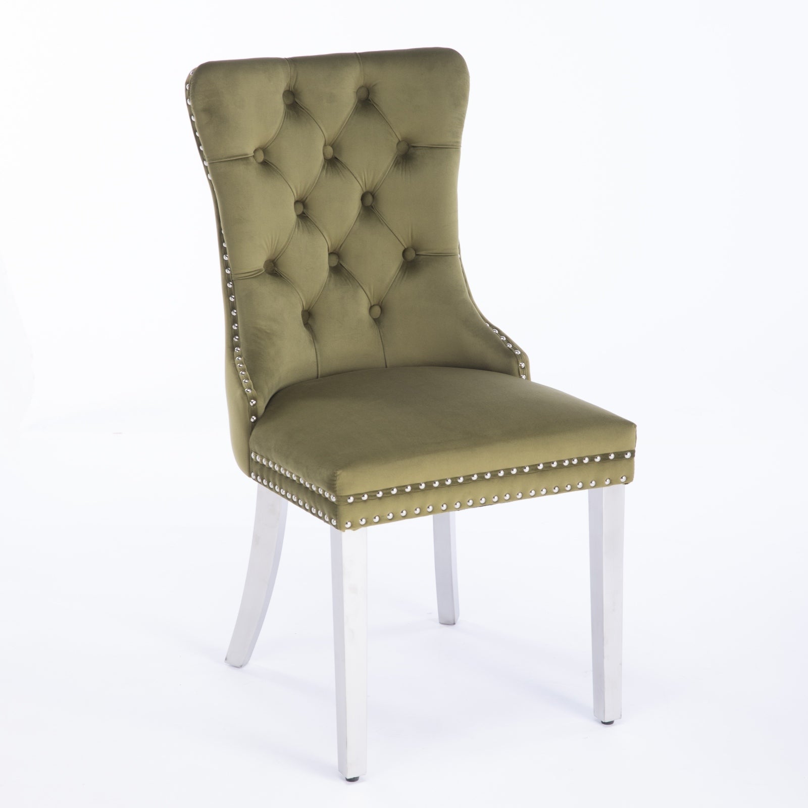 Nikki Collection Modern, High End Tufted Solid Wood Contemporary Velvet Upholstered Dining Chair With Chrome Stainless Steel Plating Legs,Nailhead Trim,Set Of 2,Olive Green And Chrome, Sw1701Ol Olive Green Dining Room American Design Rubberwood Foam