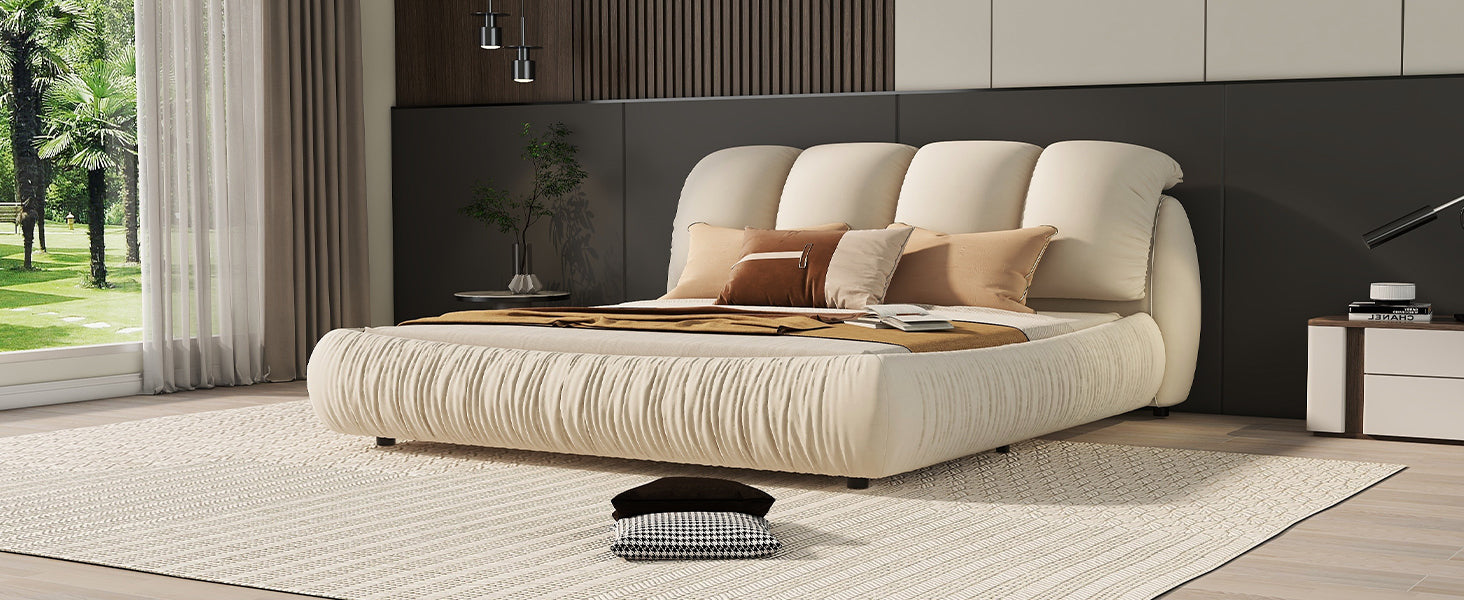 Queen Size Luxury Upholstered Bed With Thick Headboard, Velvet Queen Bed With Oversized Padded Backrest, Beige Expect Arrival Date 2024 4 9 Queen Beige Velvet