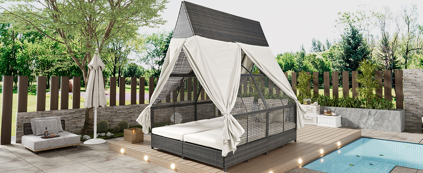 Outdoor Daybed Patio Lounge Bed With Adjustable Backrest Outdoor Double Sun Lounger With Curtains, 4 Pillows For Garden Patio Poolside Balcony Beach, Beige Yes Beige Water Resistant Frame Water Resistant Cushion Garden & Outdoor Sectional Seating Groups