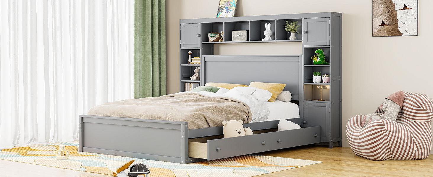 Queen Size Wooden Bed With All In One Cabinet, Shelf And Sockets, Gray Gray Solid Wood