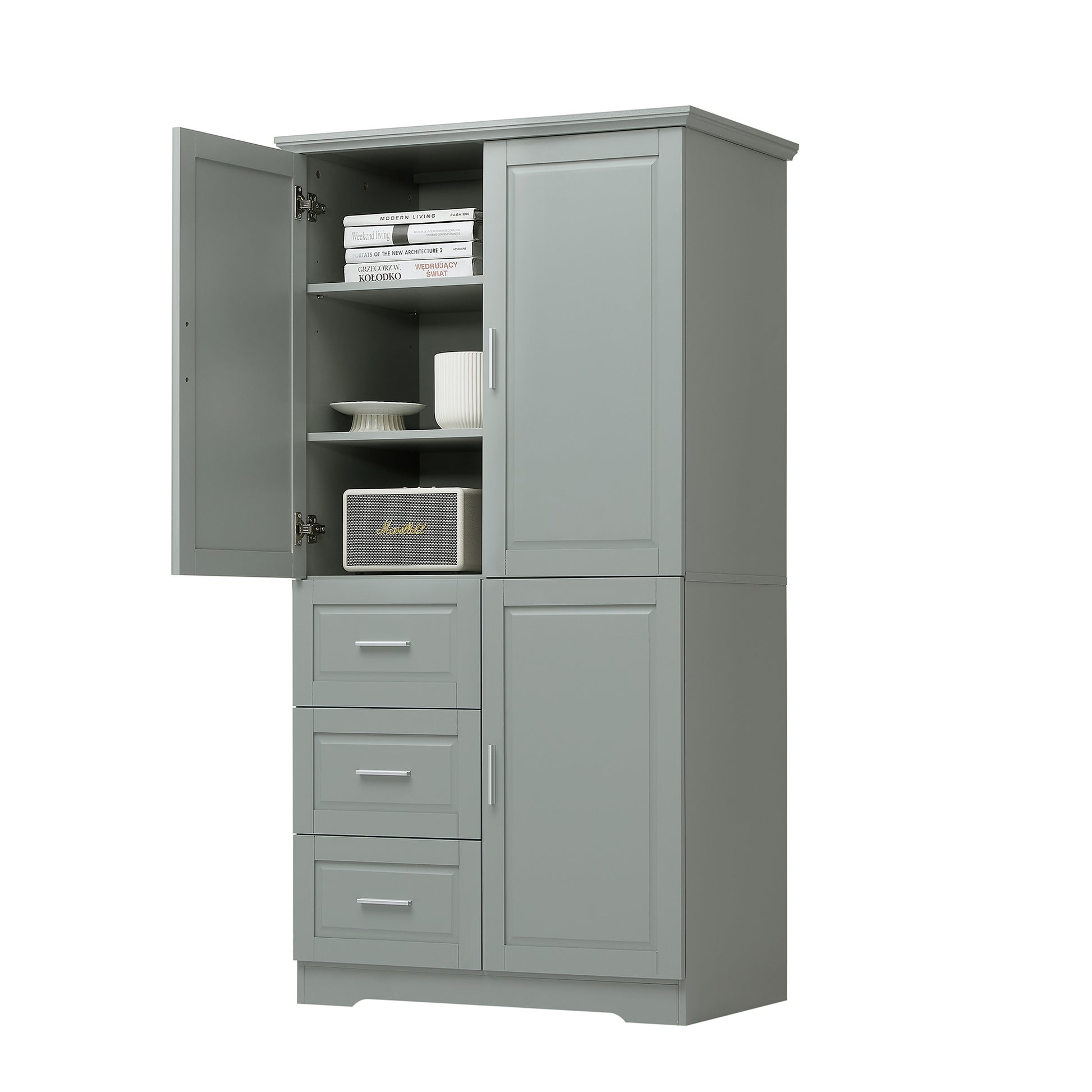 Tall And Wide Storage Cabinet With Doors For Bathroom Office, Three Drawers, Grey Grey Mdf