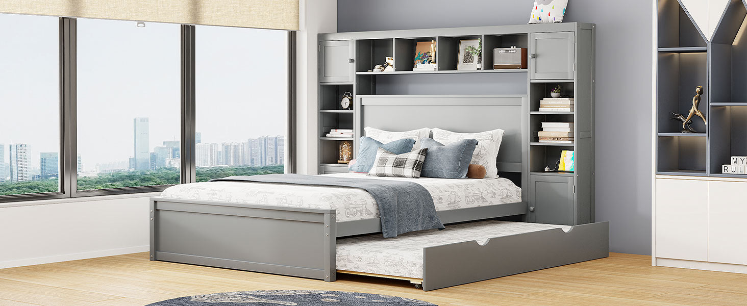 Queen Size Wooden Bed With All In One Cabinet, Shelf And Sockets,Twin Xl Trundle, Gray Queen Gray Solid Wood