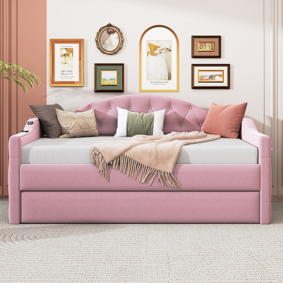 Twin Size Tufted Upholstered Daybed With Trundle ,Velvet Sofabed With Usb&Type C Charging Ports,No Box Spring Needed, Pink Pink Velvet