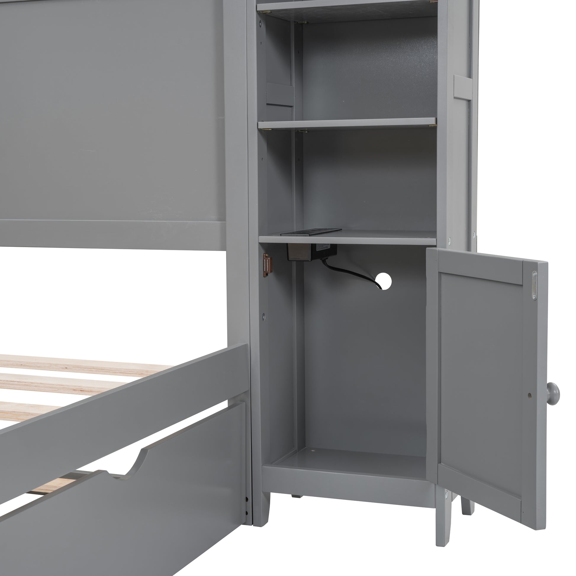 Full Size Wooden Bed With All In One Cabinet, Shelf And Sockets,Twin Size Trundle, Gray Full Gray Solid Wood