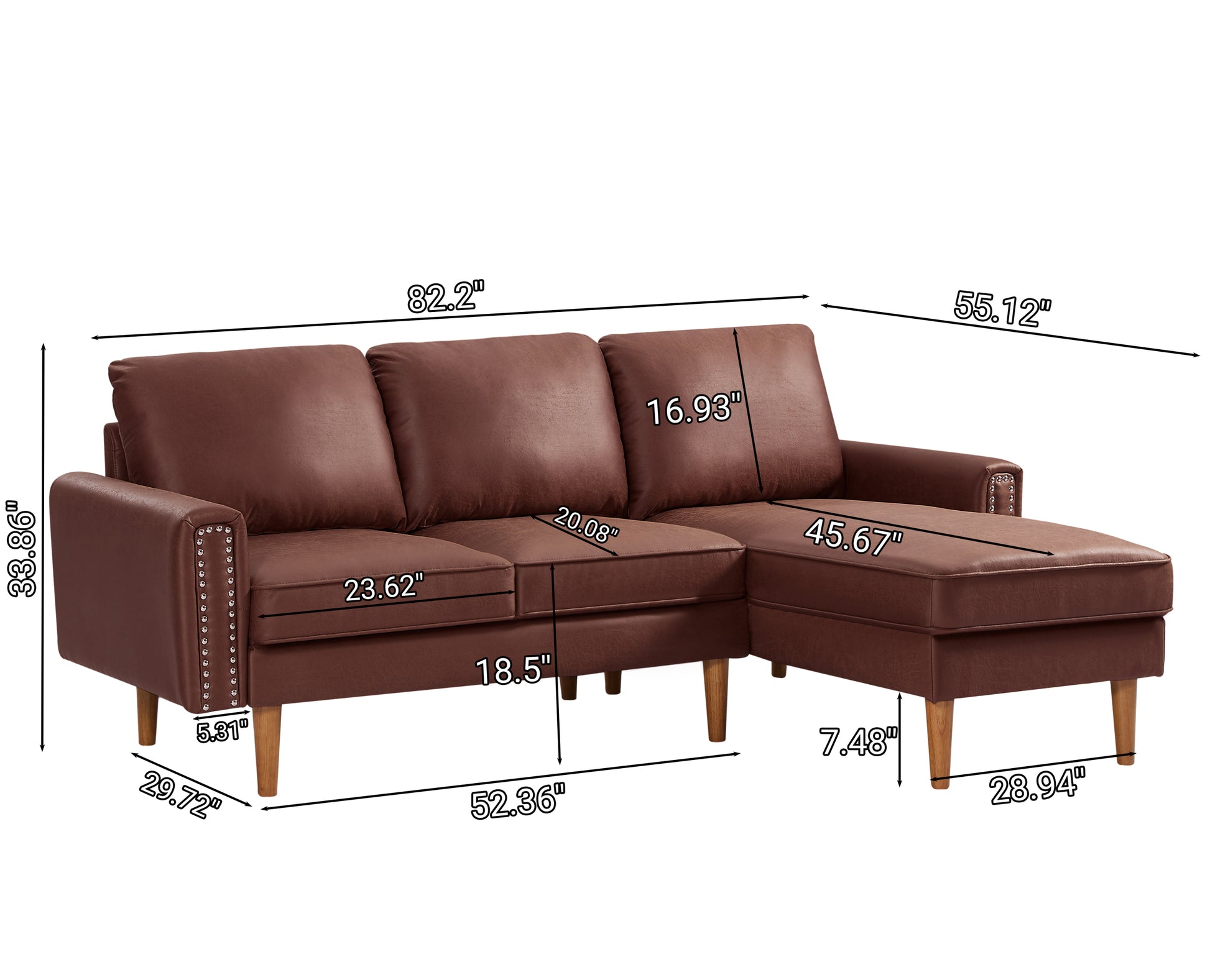 82.2"L Shape Sofa Couch With Chais Mid Century Copper Nail On Arms,Strong Wooden Leg And Suede Fabric Design That Will Complement Any Living Space.Right Chaise,Dark Brown Dark Brown Tech Cloth