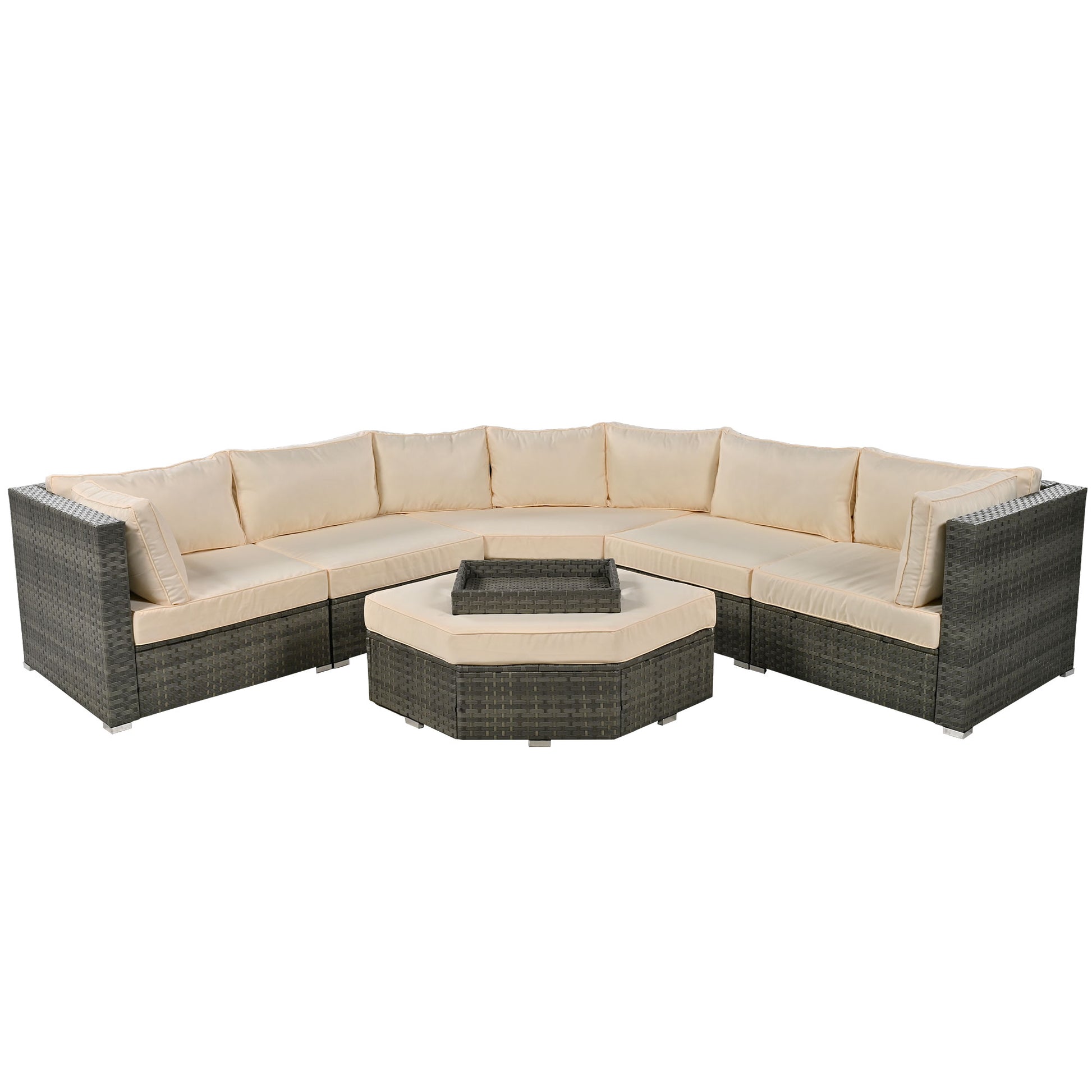 Patio Furniture Set, 6 Piece Outdoor Conversation Set All Weather Wicker Sectional Sofa With Ottoman And Cushions And Small Trays Beige Rattan