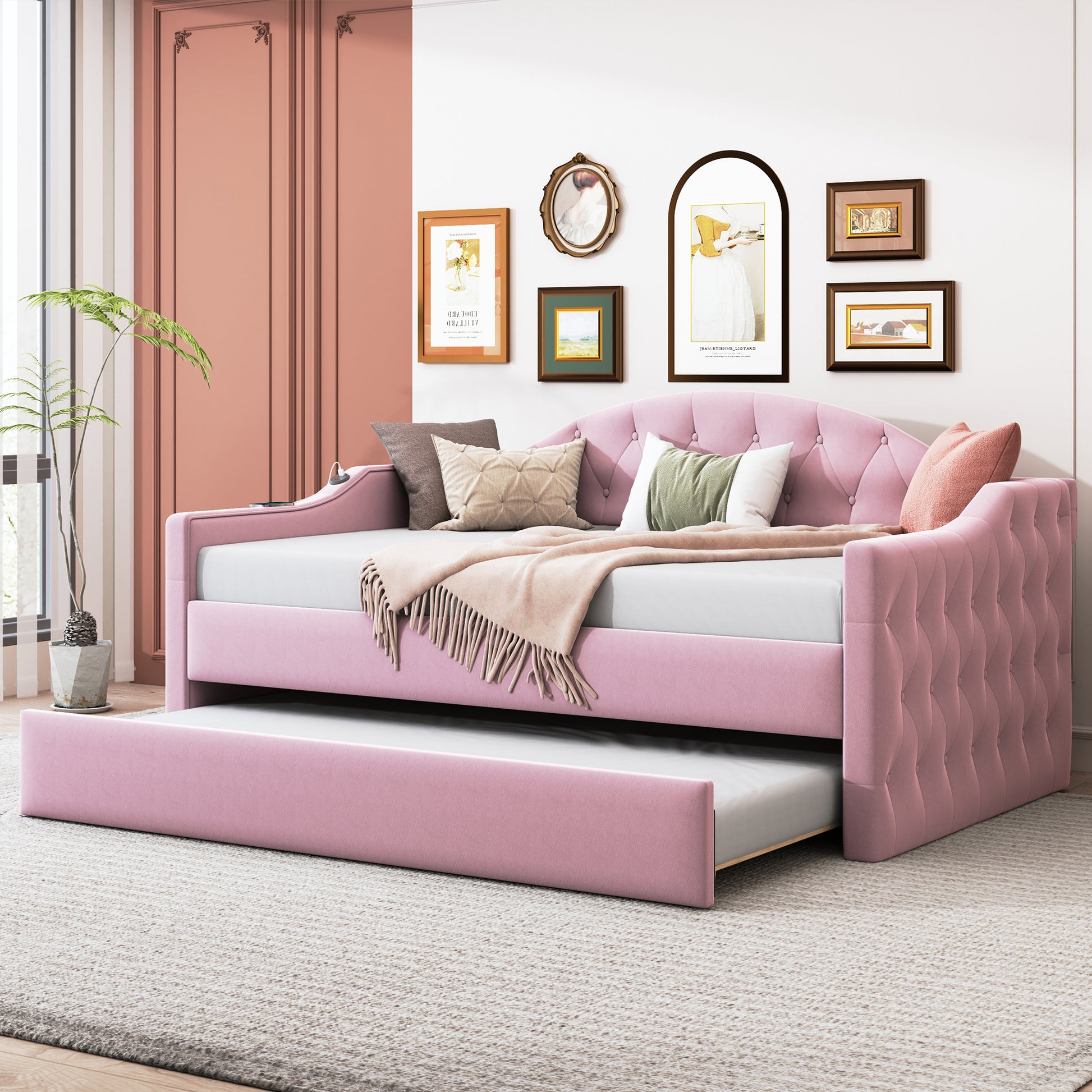 Twin Size Tufted Upholstered Daybed With Trundle ,Velvet Sofabed With Usb&Type C Charging Ports,No Box Spring Needed, Pink Pink Velvet