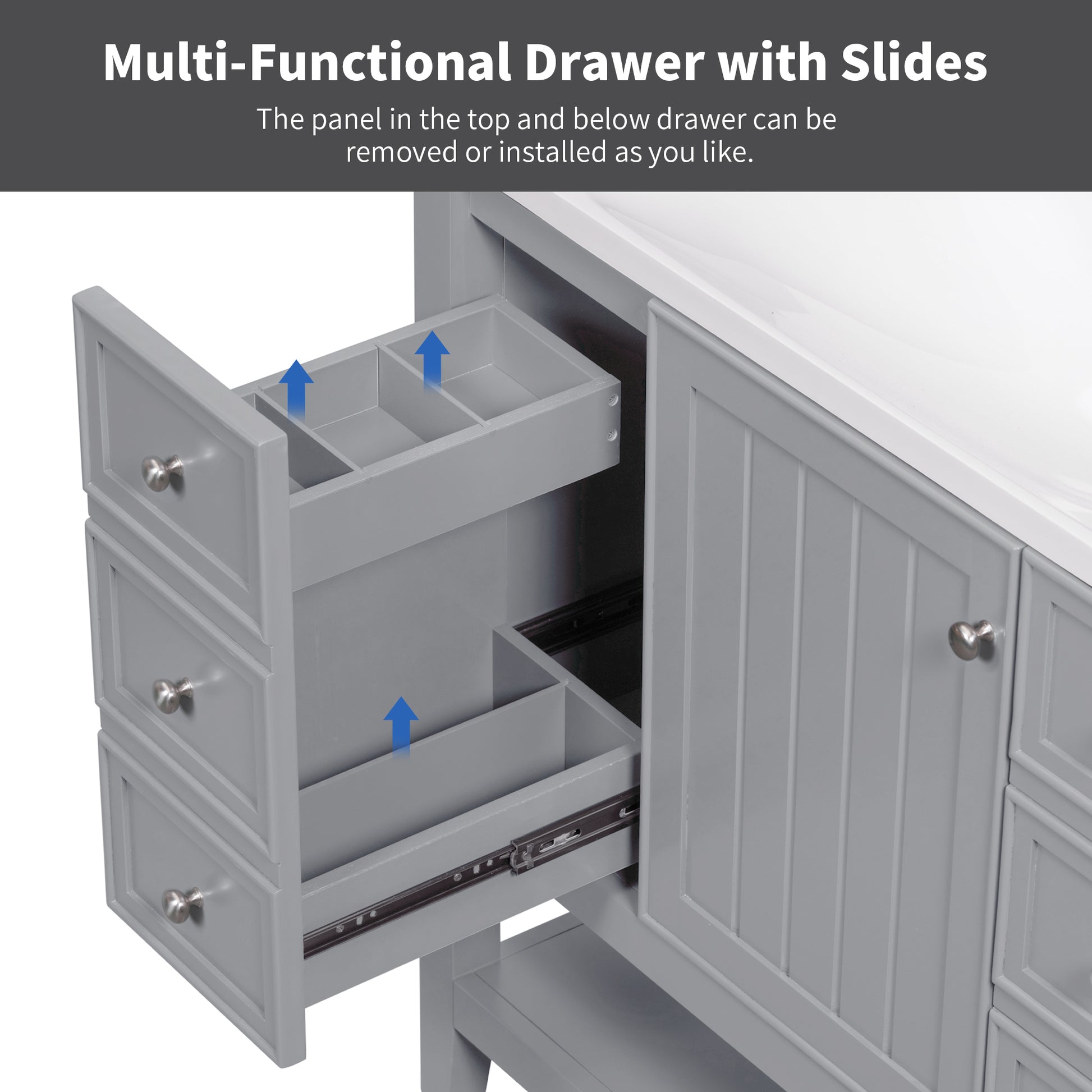 36" Bathroom Vanity Without Sink, Cabinet Base Only, One Cabinet And Three Drawers, Grey Grey Solid Wood Mdf