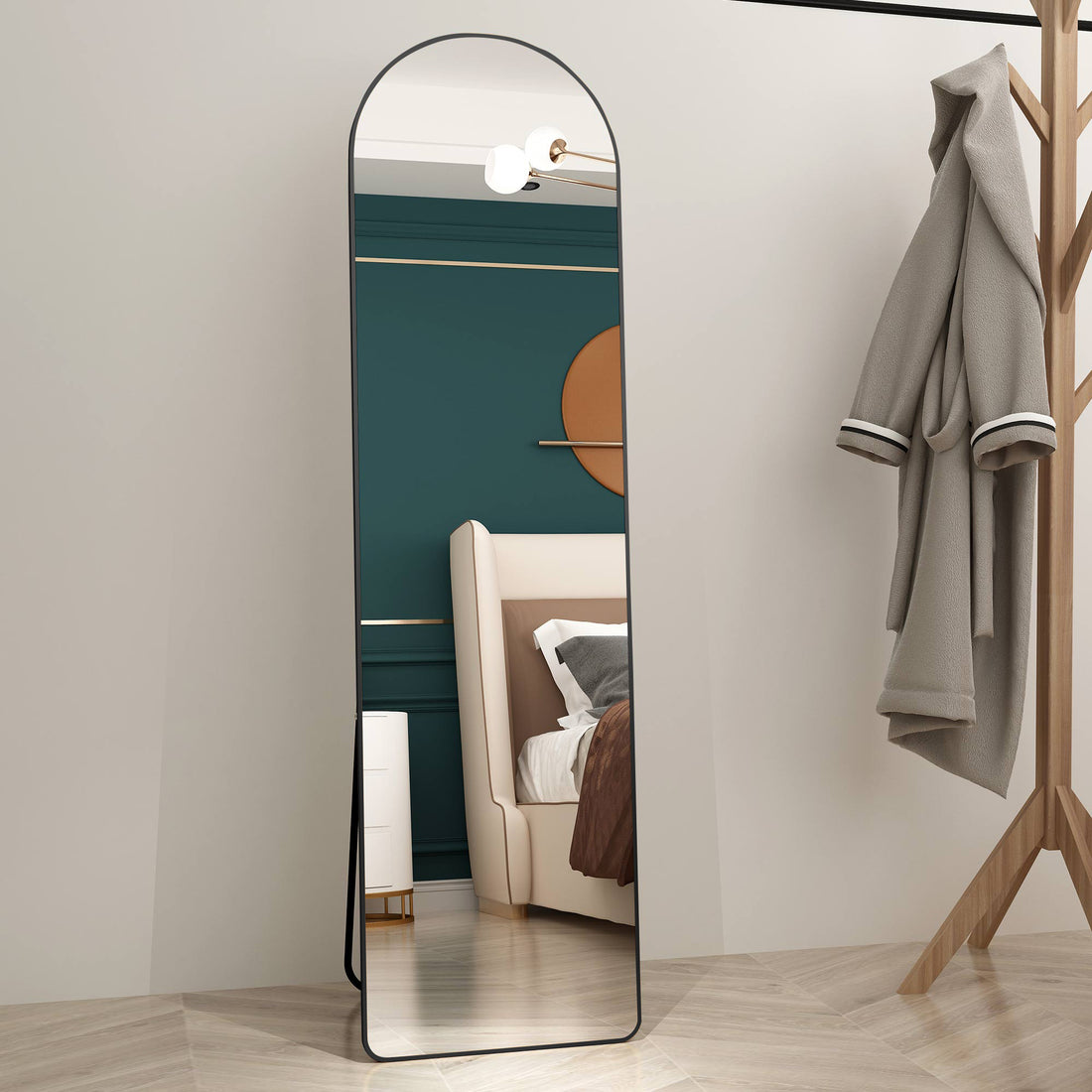 The 4St Generation Of Floor Mounted Full Length Mirrors. Aluminum Alloy Metal Frame Arched Wall Mirror, Bathroom Makeup Mirror, Bedroom Porch, Clothing Store, Wall Mounted.Black 59.8 "*16.5"W115112560 Black Glass