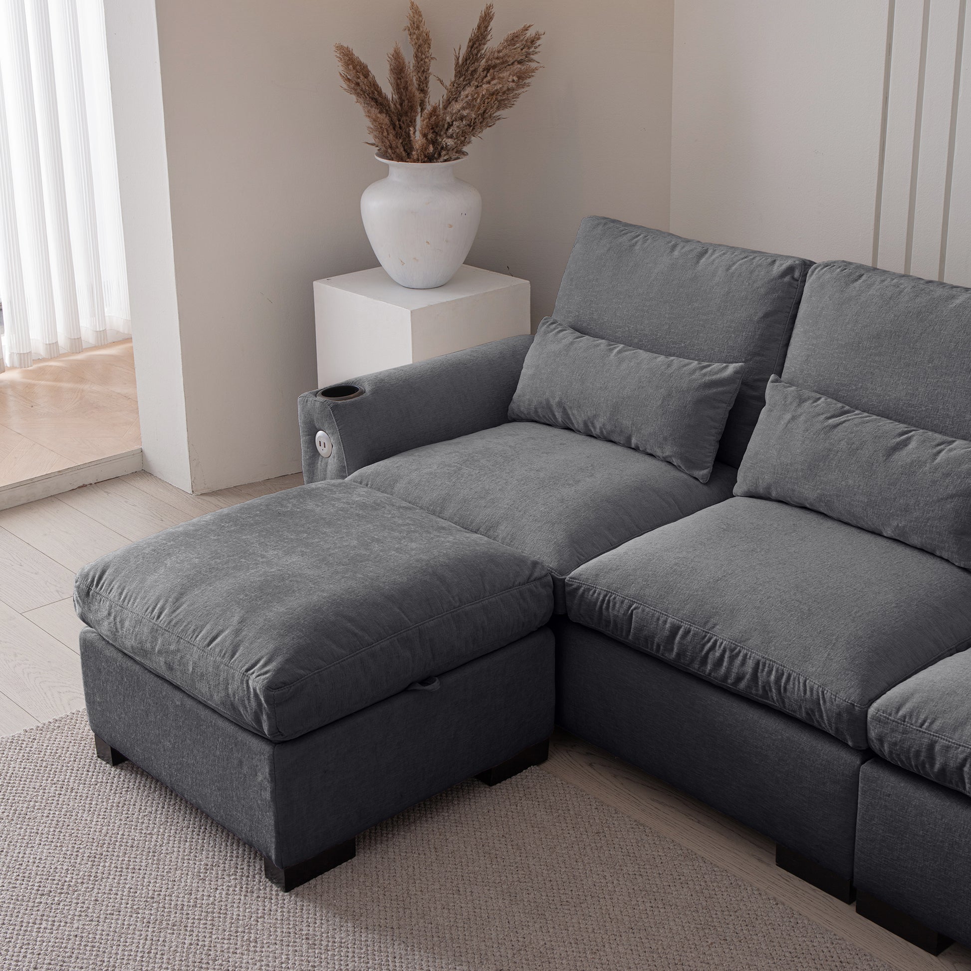 114.5"Modern Modular L Shaped Chenille Sofa Couch Reversible Ottoman With Storage Removable And Washable Cushions Sofa With Usb Ports & Cup Holder For Living Room Dark Grey Modern Foam Chenille