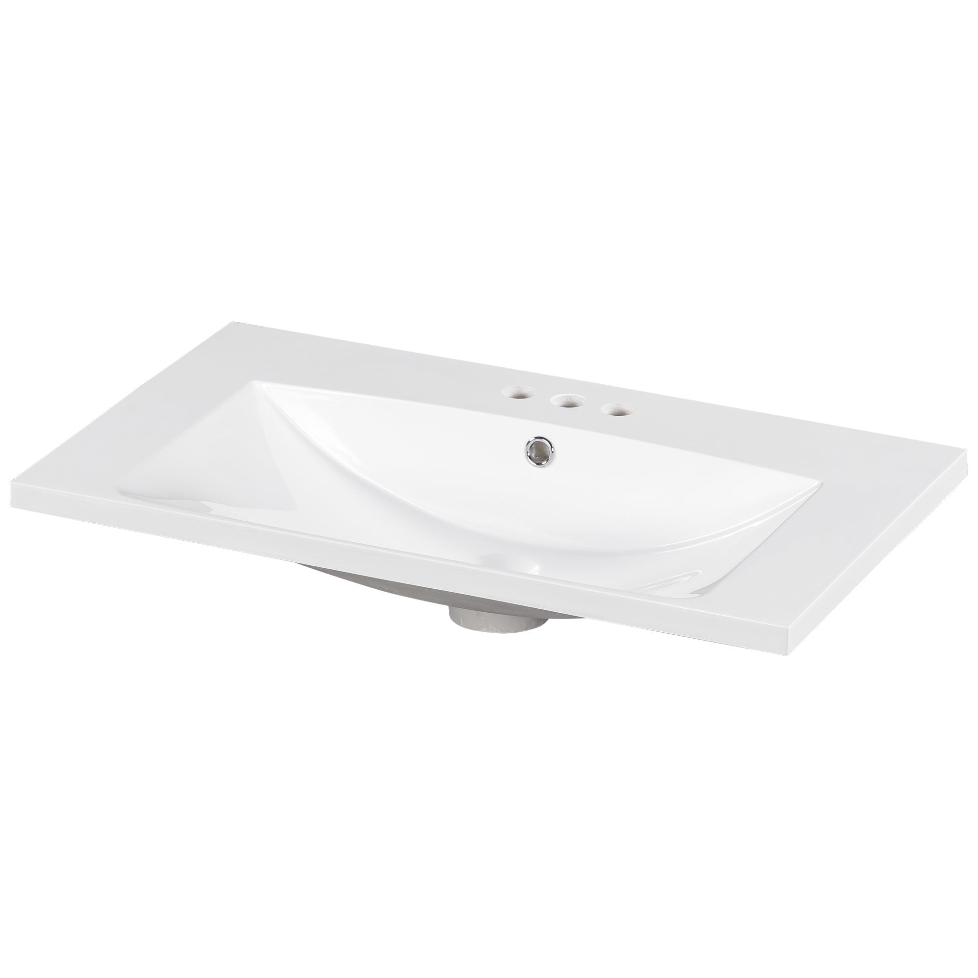 30" Single Bathroom Basin Sink, Vanity Top Only, 3 Faucet Holes, Resin White Bathroom Resin