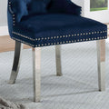 Set Of 2 Wingback Dining Chairs With Button Tufted Back In Blue And Chrome Solid Blue Fabric