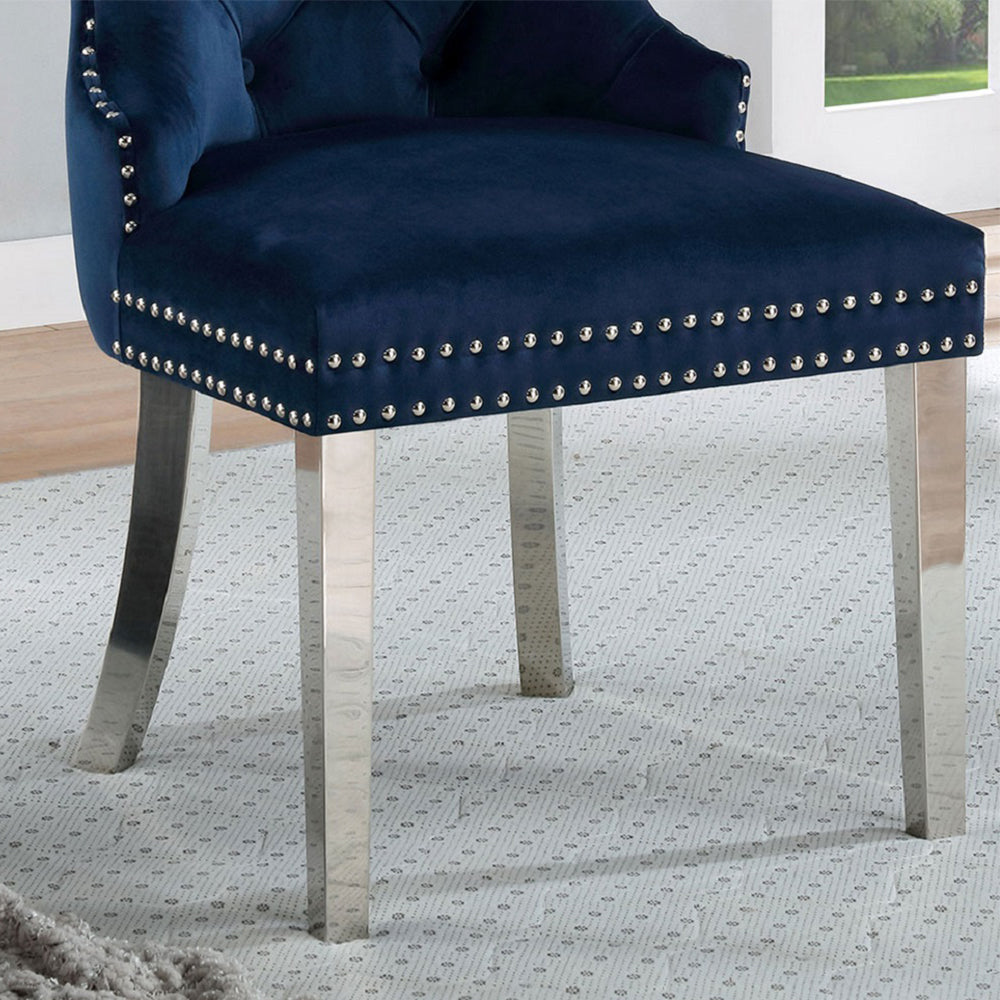 Set Of 2 Wingback Dining Chairs With Button Tufted Back In Blue And Chrome Solid Blue Fabric