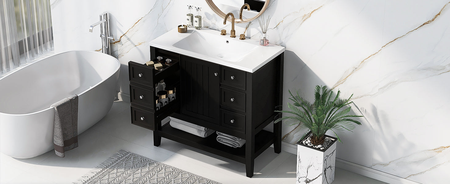 36" Bathroom Vanity With Sink Combo, One Cabinet And Three Drawers, Solid Wood And Mdf Board, Black Old Sku:Sy999505Aab Black Solid Wood Mdf