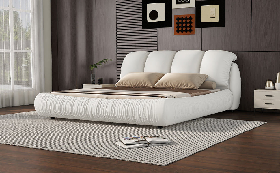 Queen Size Luxury Upholstered Bed With Thick Headboard, Leather Queen Bed With Oversized Padded Backrest, White Expect Arrival Date 2024 3 27 Queen White Pu Leather