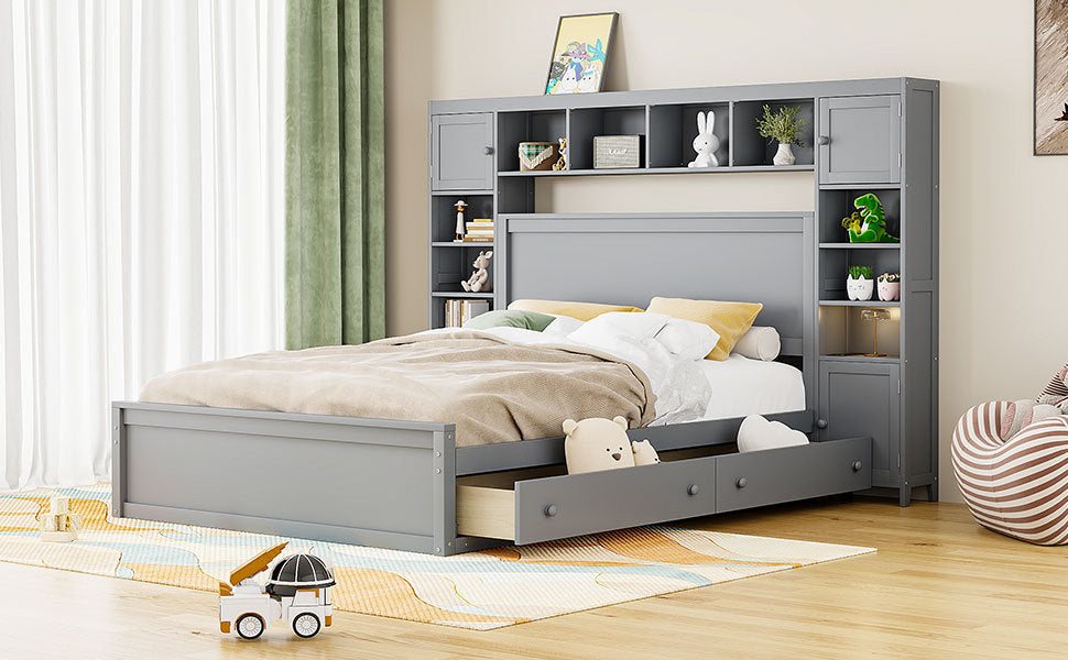 Queen Size Wooden Bed With All In One Cabinet, Shelf And Sockets, Gray Gray Solid Wood