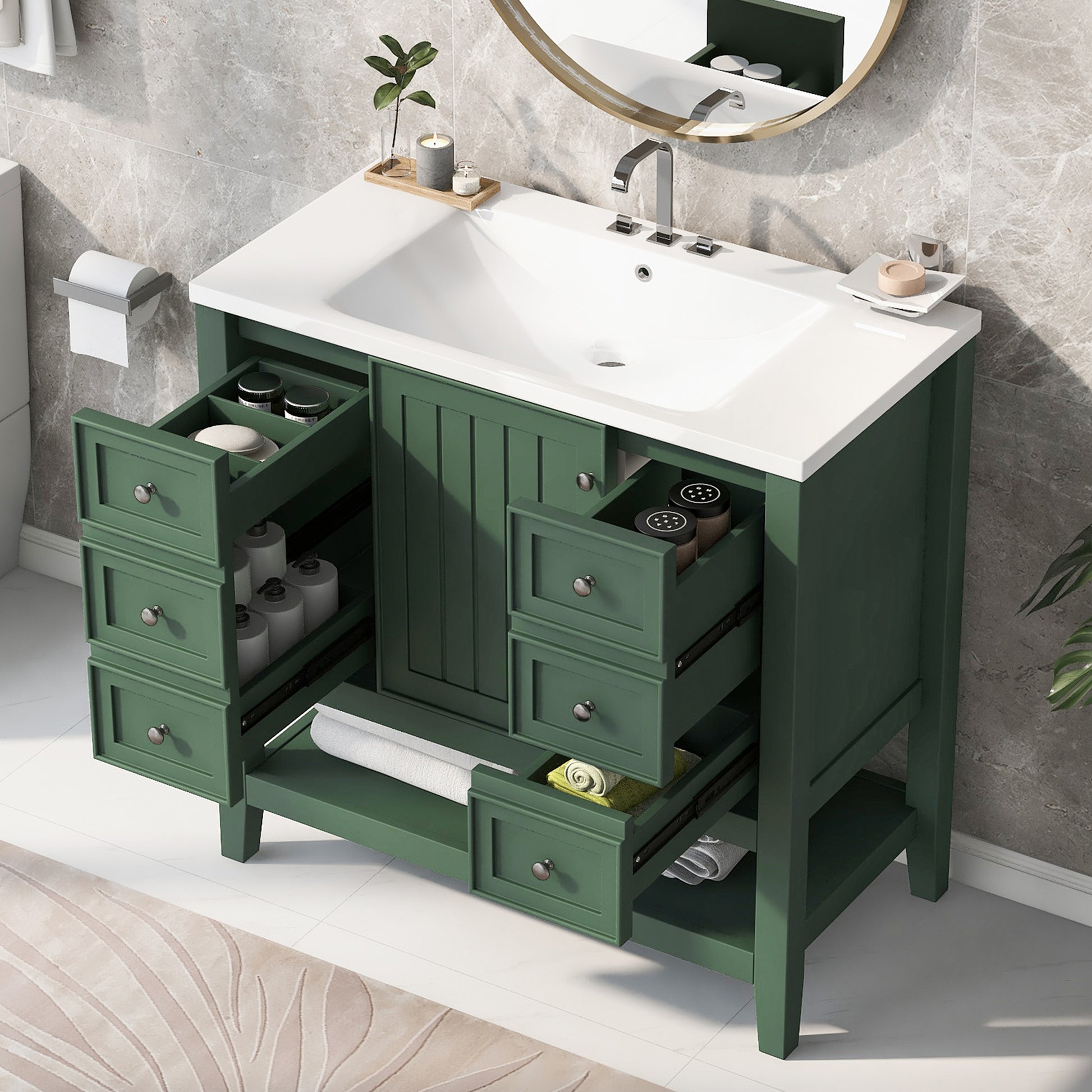 36" Bathroom Vanity With Sink Combo, One Cabinet And Three Drawers, Solid Wood And Mdf Board, Green Green Solid Wood Mdf