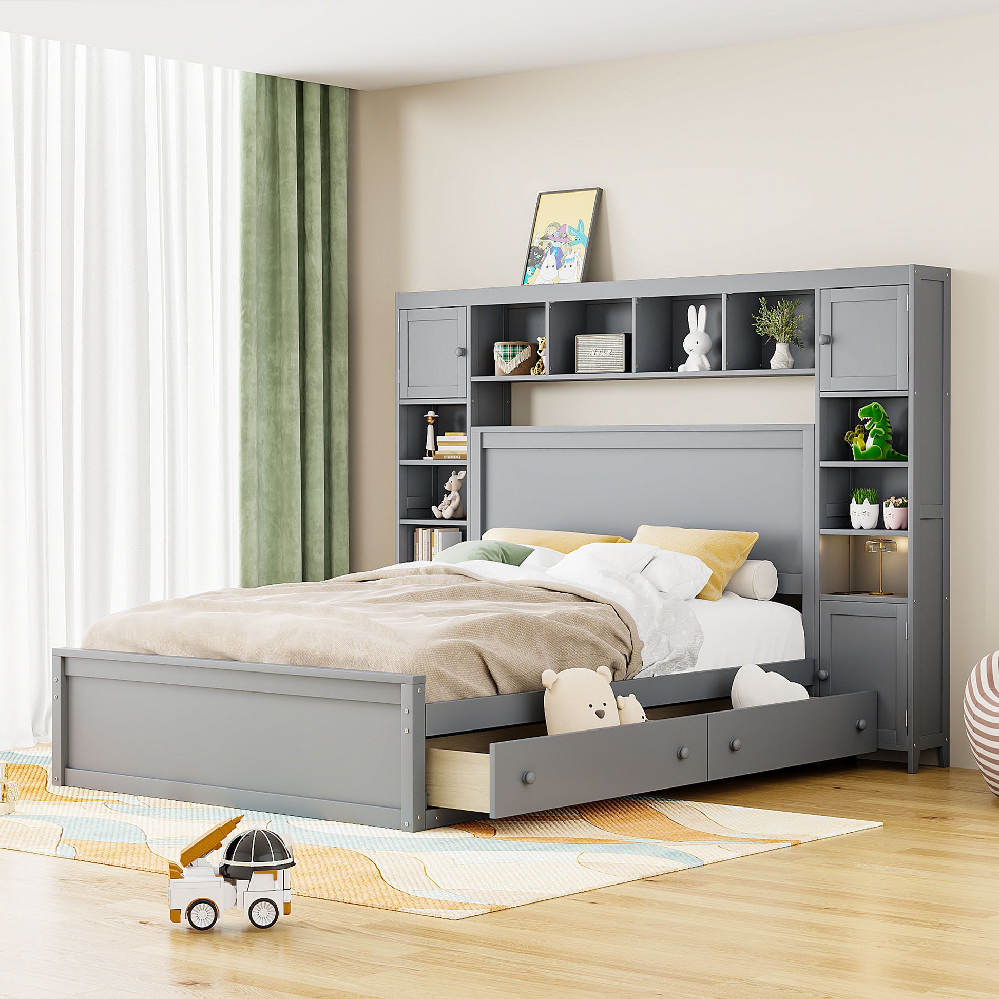 Queen Size Wooden Bed With All In One Cabinet, Shelf And Sockets, Gray Gray Solid Wood