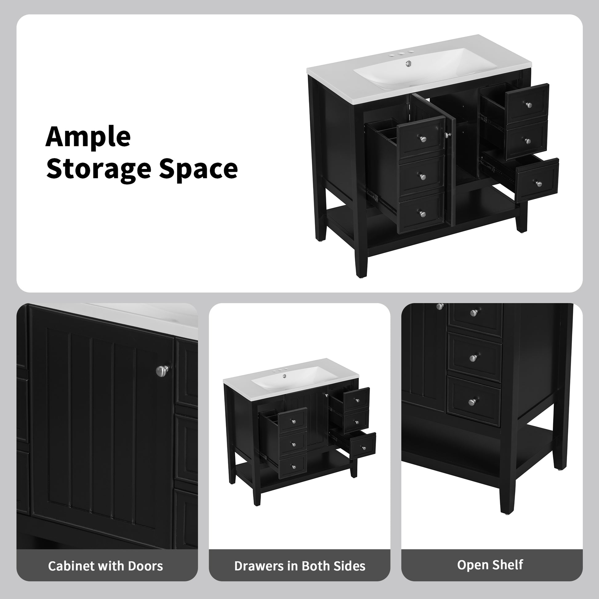 36" Bathroom Vanity Without Sink, Cabinet Base Only, One Cabinet And Three Drawers, Black Black Solid Wood Mdf