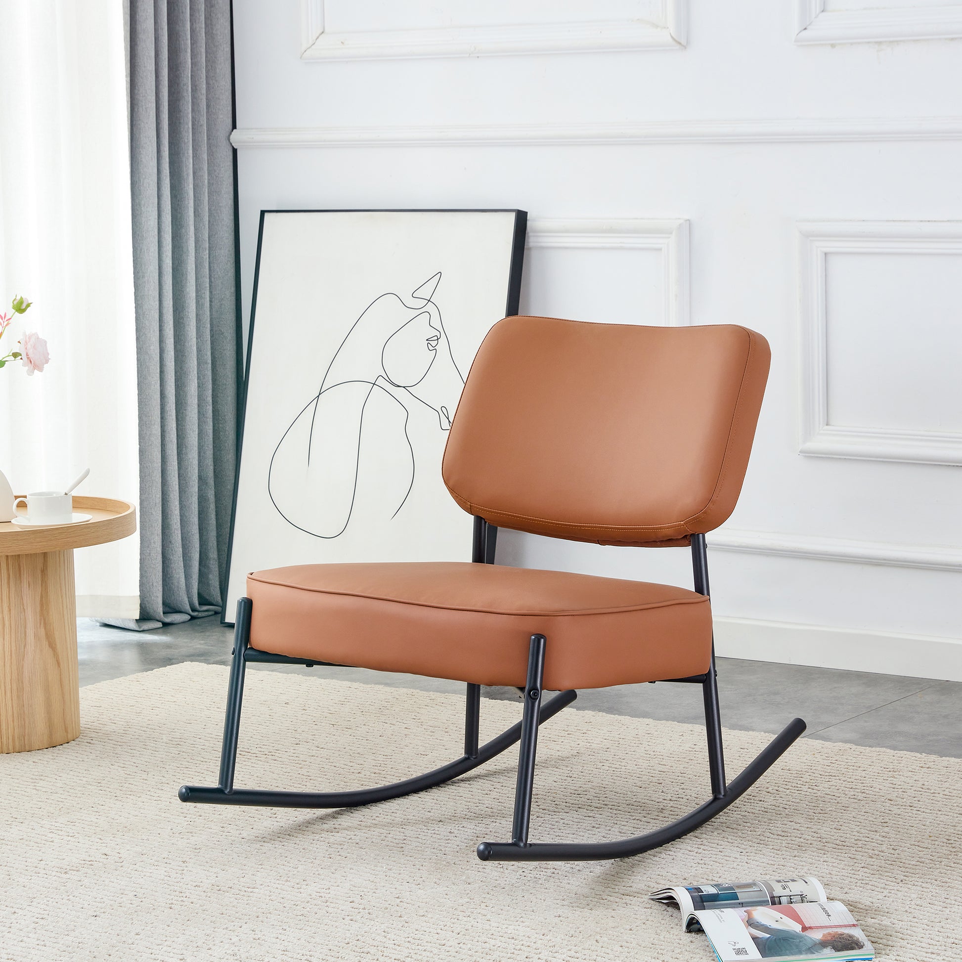 Pu Material Cushioned Rocking Chair, Unique Rocking Chair, Cushioned Seat, Brown Backrest Rocking Chair, Black Metal Legs. Comfortable Side Chairs In The Living Room, Bedroom, And Office Brown Pu