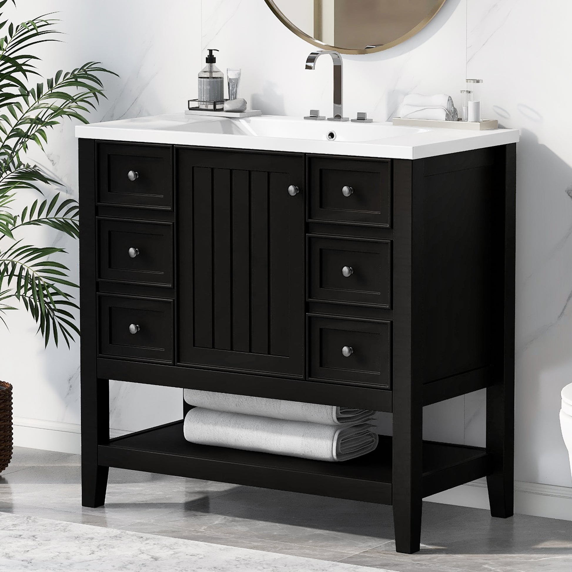 36" Bathroom Vanity With Sink Combo, One Cabinet And Three Drawers, Solid Wood And Mdf Board, Black Black Solid Wood Mdf