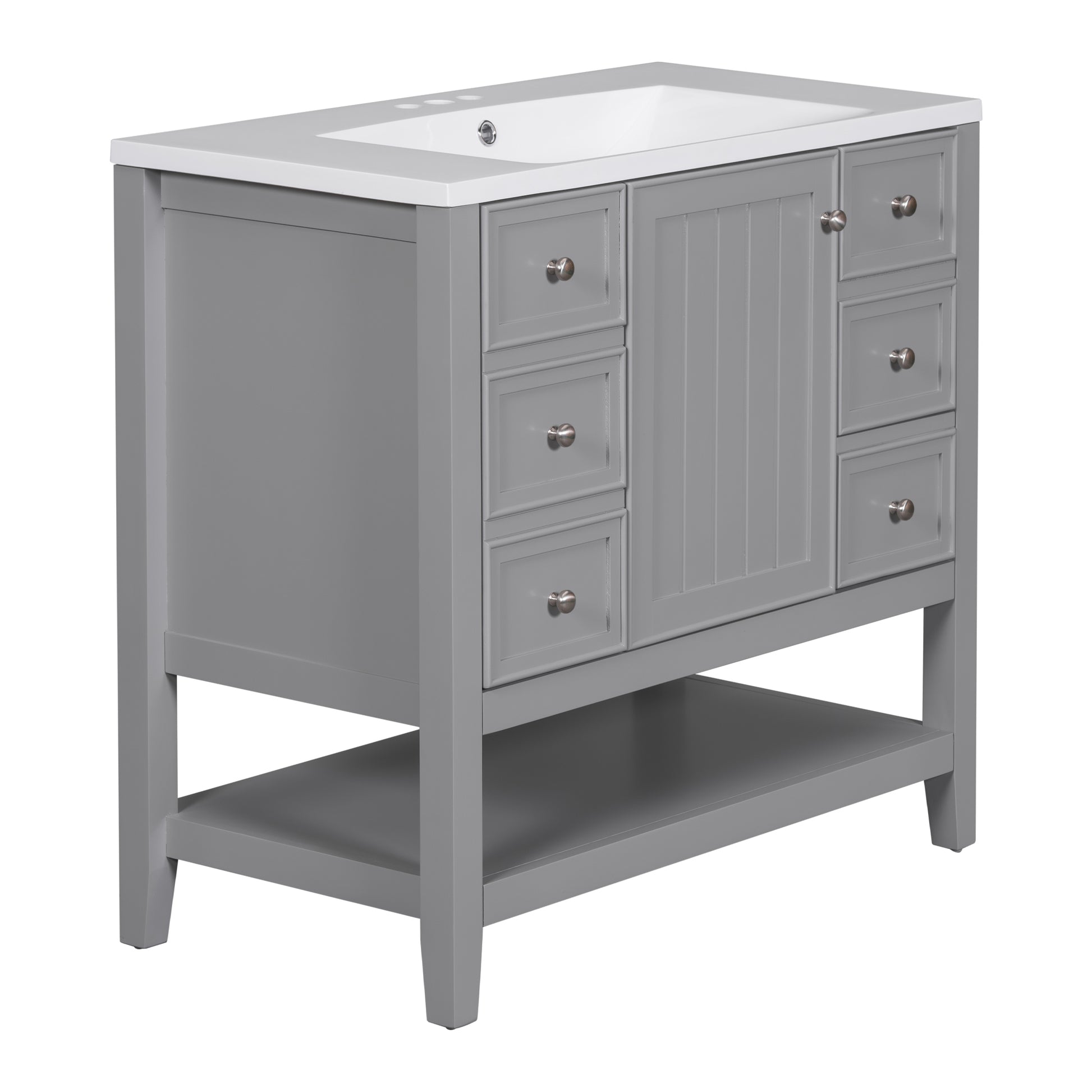 36" Bathroom Vanity With Sink Combo, One Cabinet And Three Drawers, Solid Wood And Mdf Board, Grey Grey Solid Wood Mdf