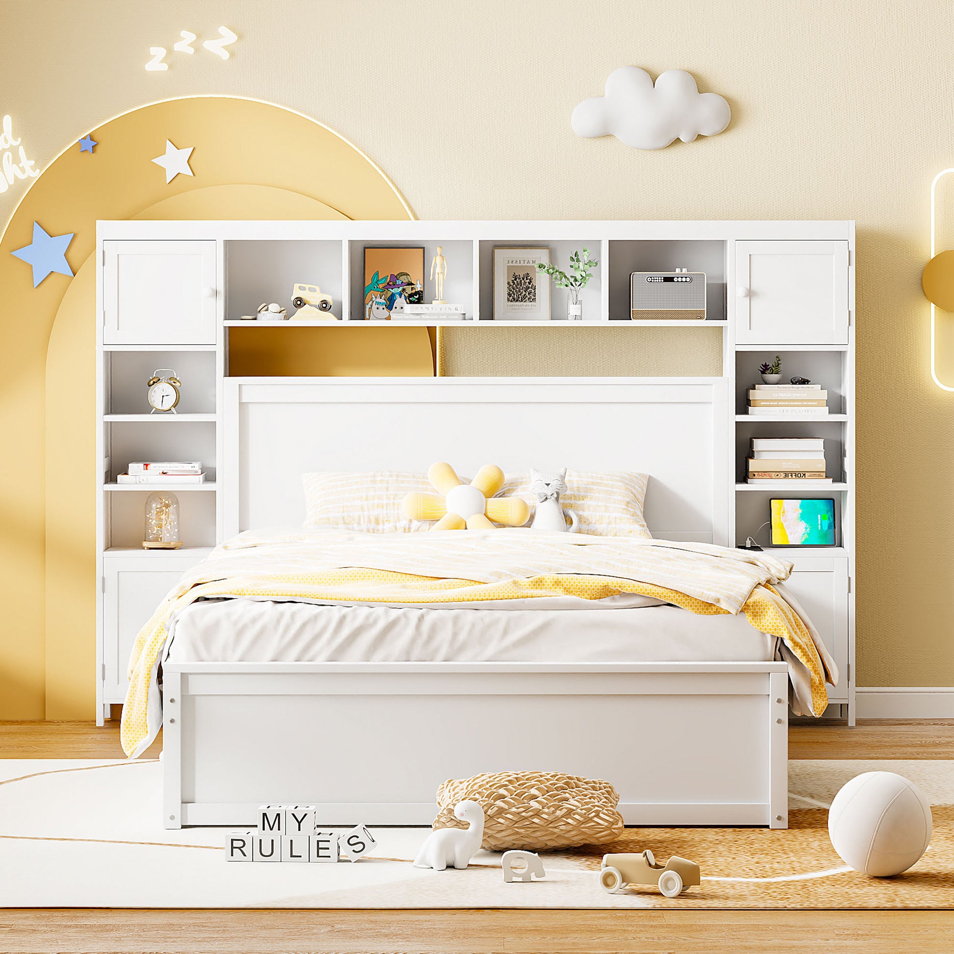 Queen Size Wooden Bed With All In One Cabinet, Shelf And Sockets,Twin Xl Trundle,White Queen White Solid Wood