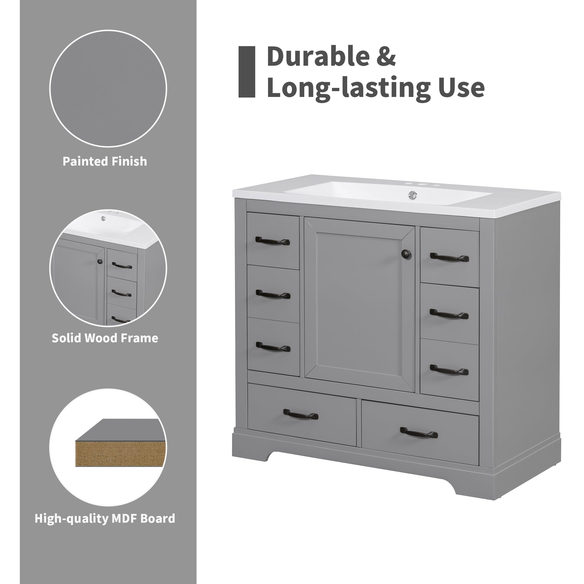 36" Bathroom Vanity With Sink Combo, Six Drawers, Multi Functional Drawer Divider, Adjustable Shelf, Grey Old Sku:Sy999808Aae Grey Solid Wood Mdf