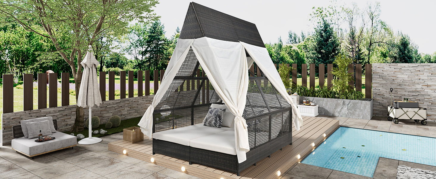 Outdoor Daybed Patio Lounge Bed With Adjustable Backrest Outdoor Double Sun Lounger With Curtains, 4 Pillows For Garden Patio Poolside Balcony Beach, Cream Yes Cream Water Resistant Frame Water Resistant Cushion Garden & Outdoor Sectional Seating Groups